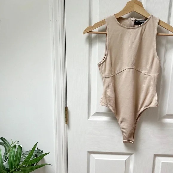 Maniere De Voir Sleeveless Bodysuit in Beige