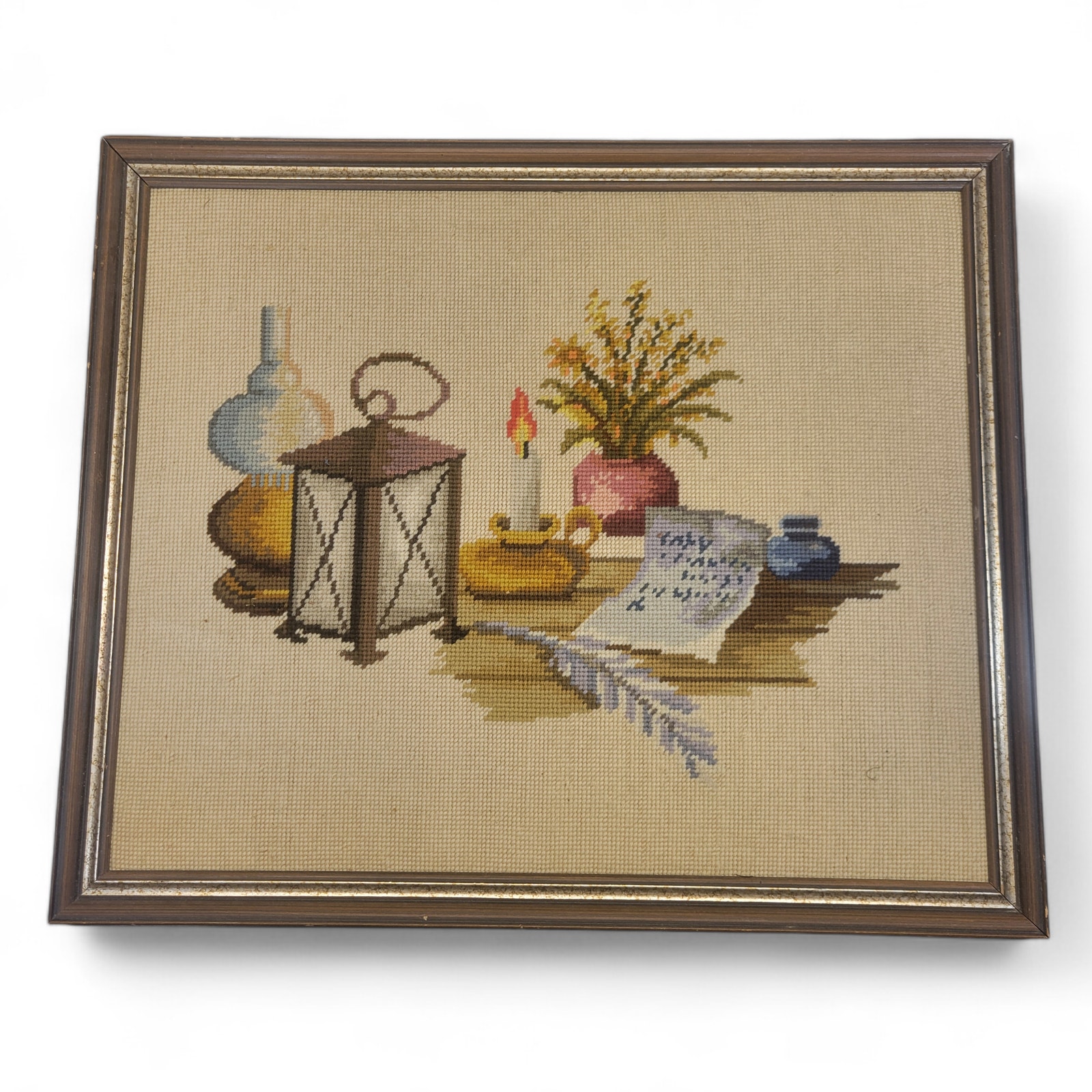Rare Vintage Crewel Table Scape Art Handmade Embroidery Needlework Fine Detail