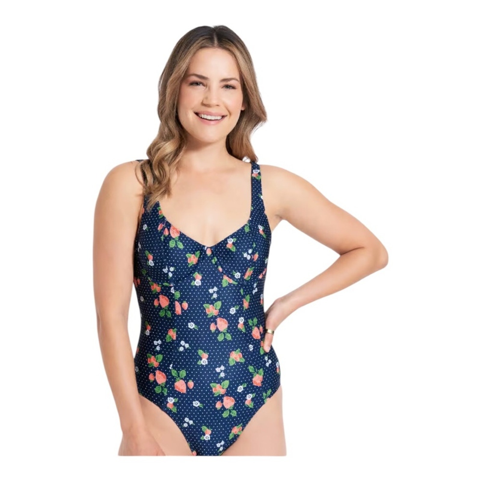 Modcloth NIP Brandy Underwire Blue Fruit Polka Dots Print One-Piece Swimsuit XS