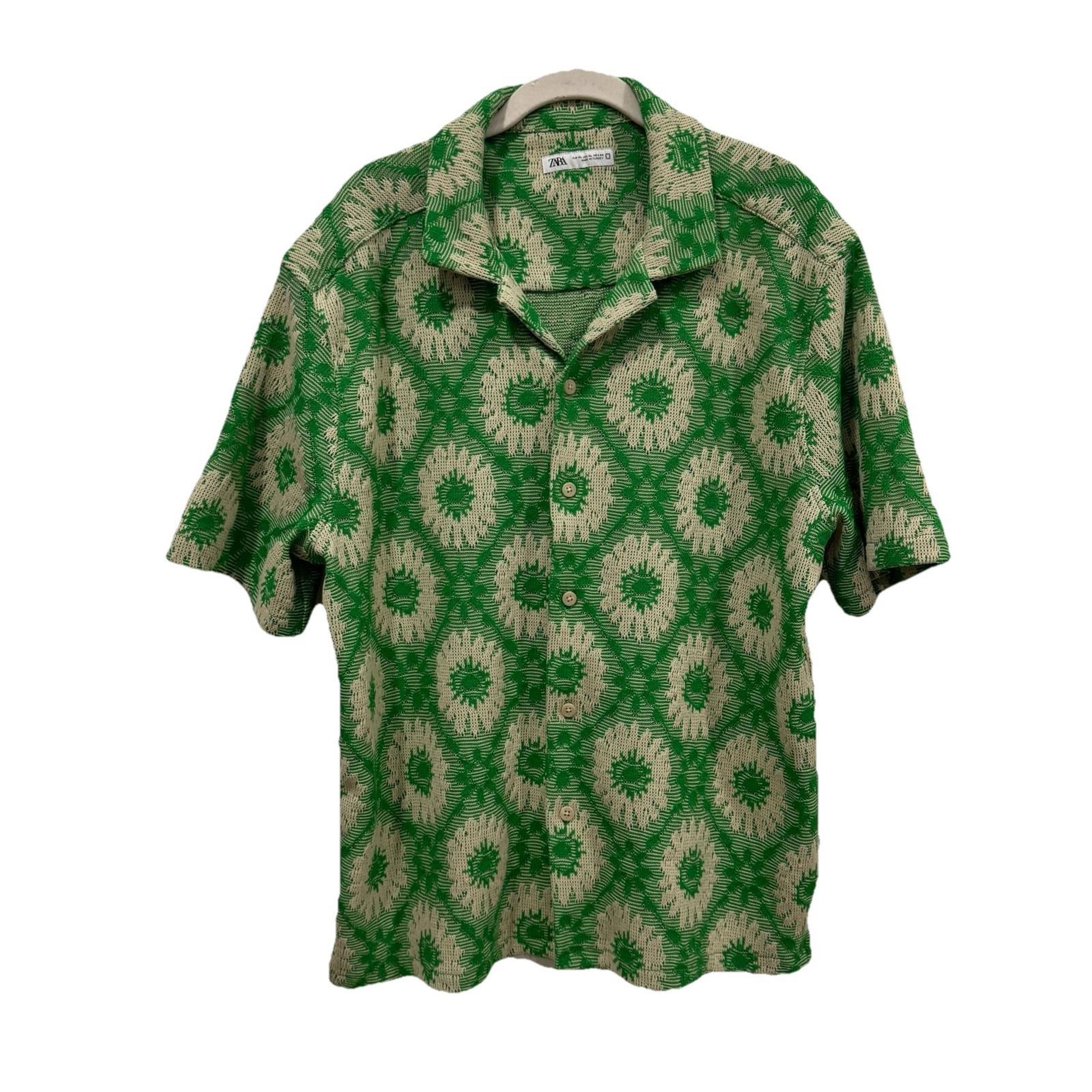 Mens ZARA STRIPED CROCHET POLO SHIRT GREEN XLarge XL Polo