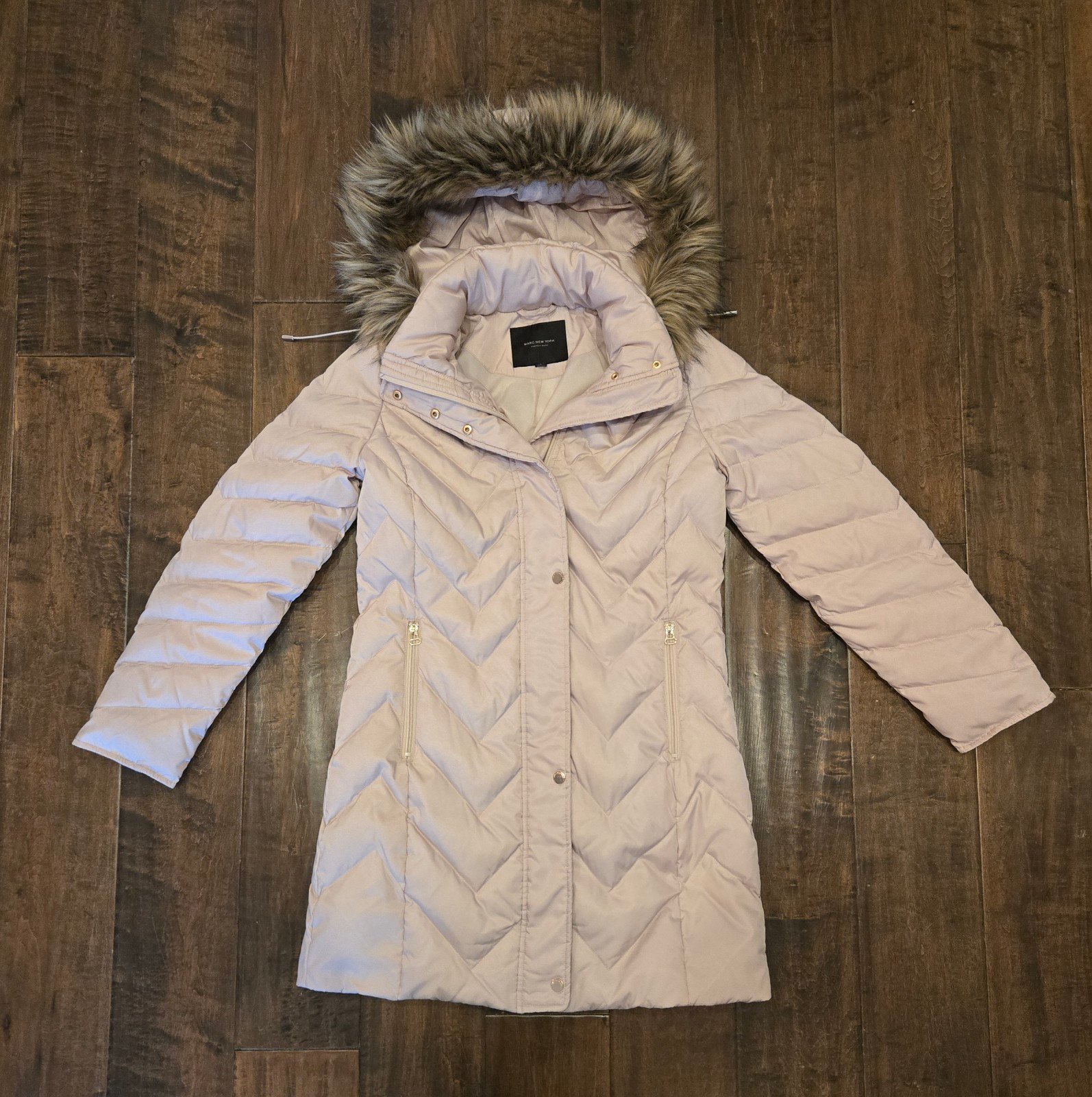 MARC New York Cream Puffy Fir Trim Hooded Long Coat