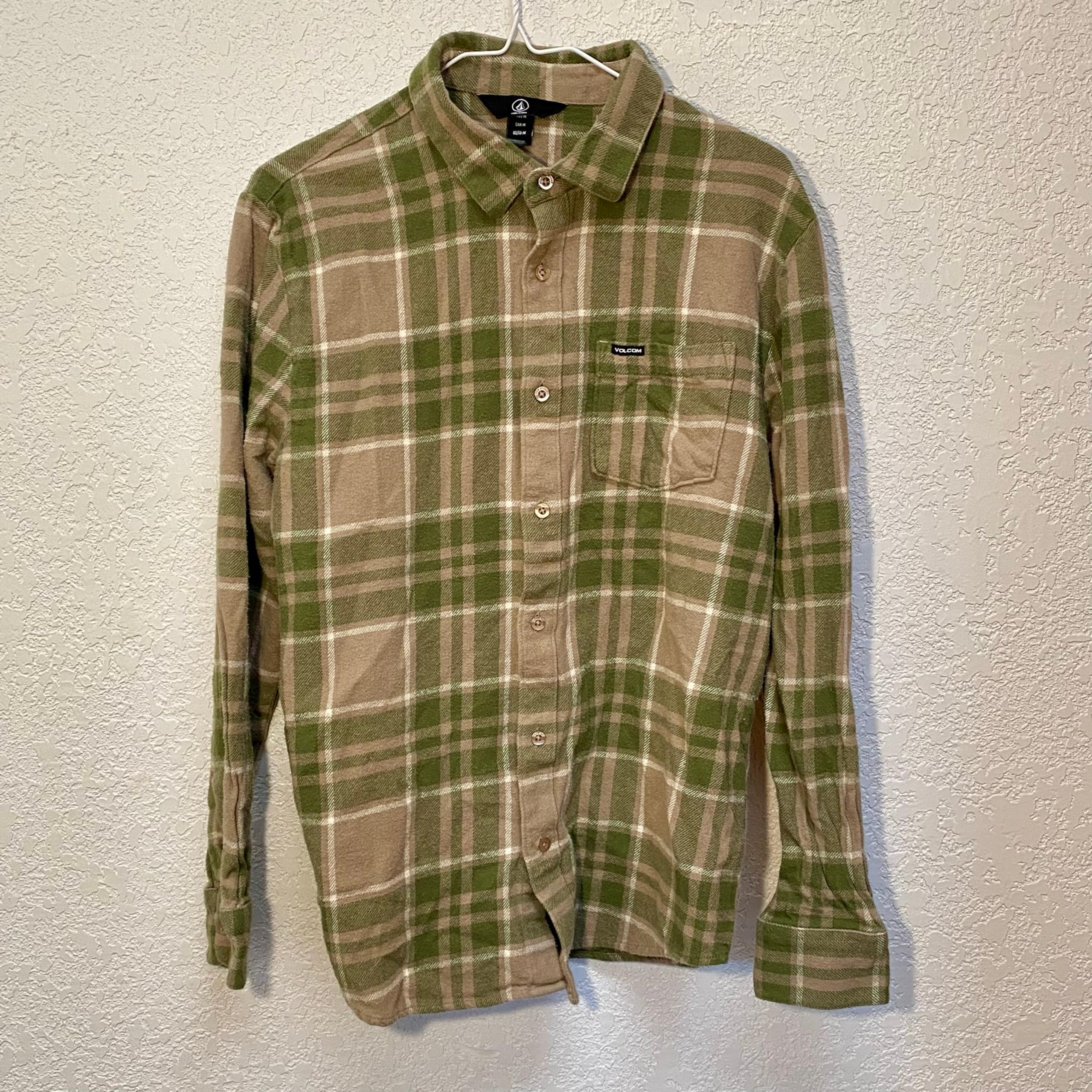 Volcom Flannel Shirt Men’s M Green Tan Stone Plaid Long Sleeve Casual Workwear