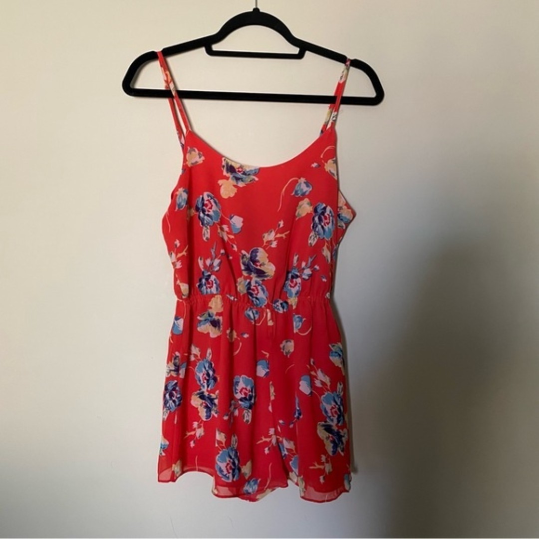 Forever 21 Orange Floral Spaghetti Strap Sheer Lined Romper Forever 21 Orange Floral Spaghetti Strap Sheer Lined Romper