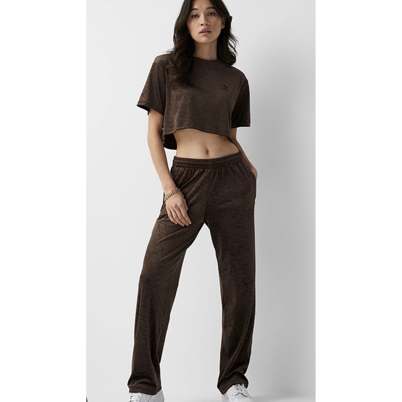 Size Large - Adidas Originals Women's VELVET TREFOIL MONOGRAM PANTS BROWN HL9122