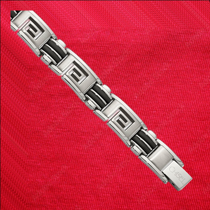 Stainless Steel Brushed and Polished Black Rubber Inlay Greek Key 8.5 inch Brac