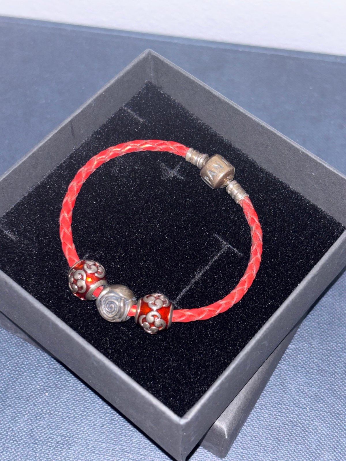 Pandora Red and Silver Braided Bracelet with Charms