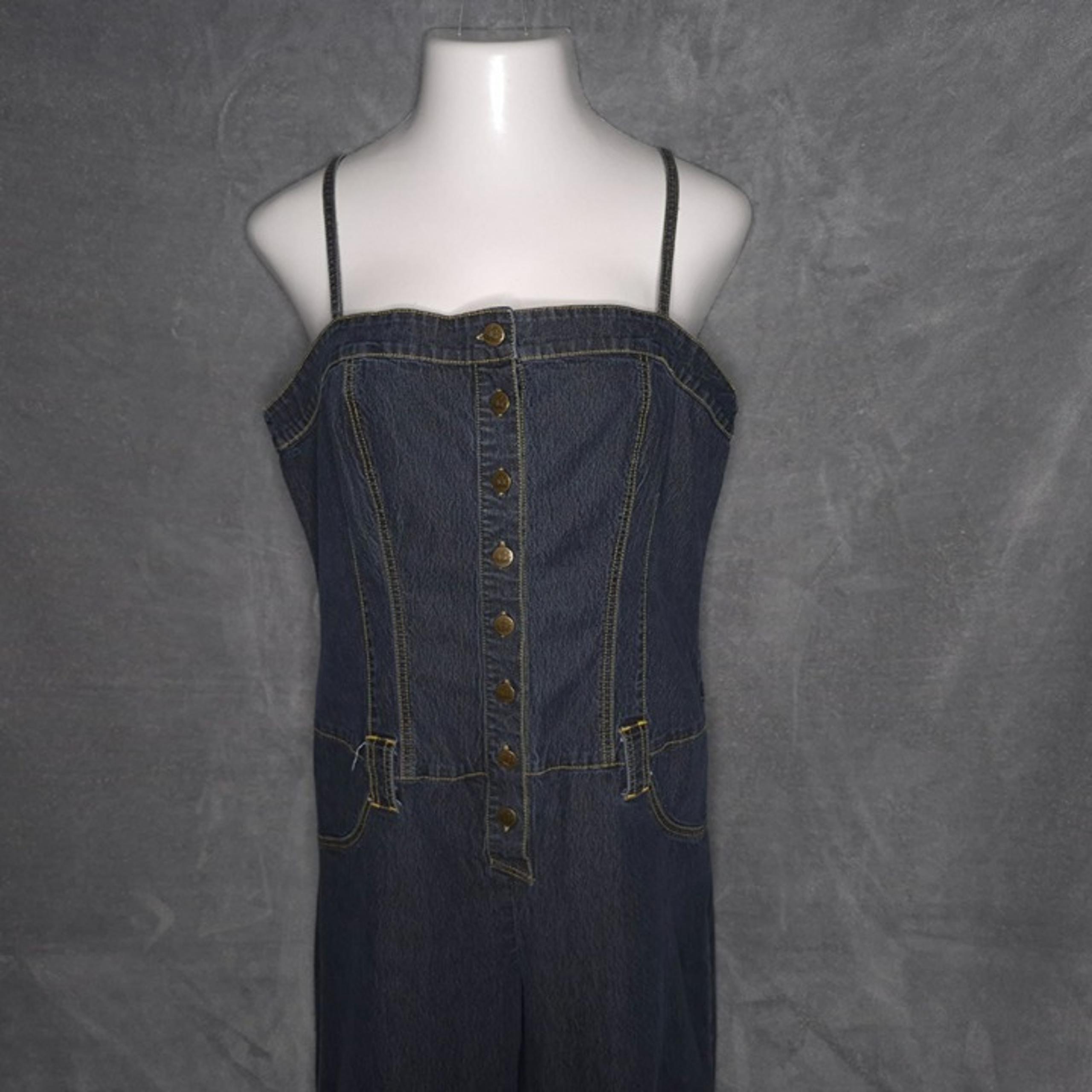 Womens Denim Jumpsuit XL Button Front Adjustable Straps Dark Wash - BISOU BISOU