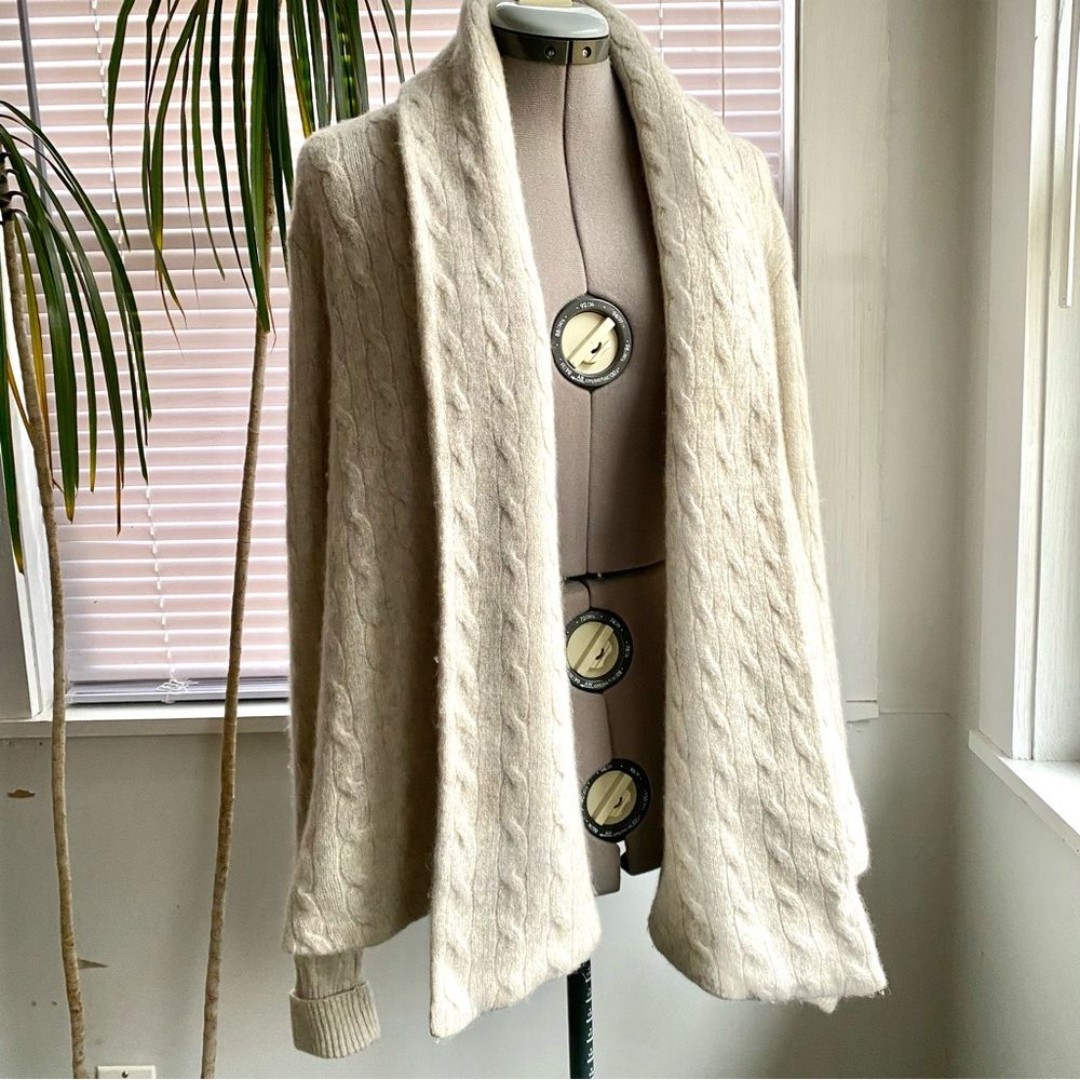 VINTAGE Super Soft Warm Cable Knit Open Front Cardigan Off White Size L