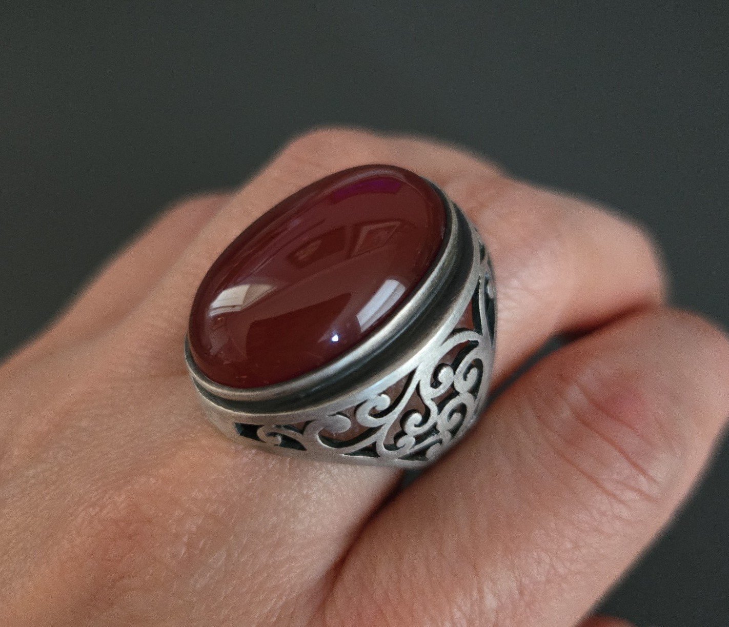 Natural Liver Agate Carnelian Precious Gemstone Oval Sterling Silver Ring