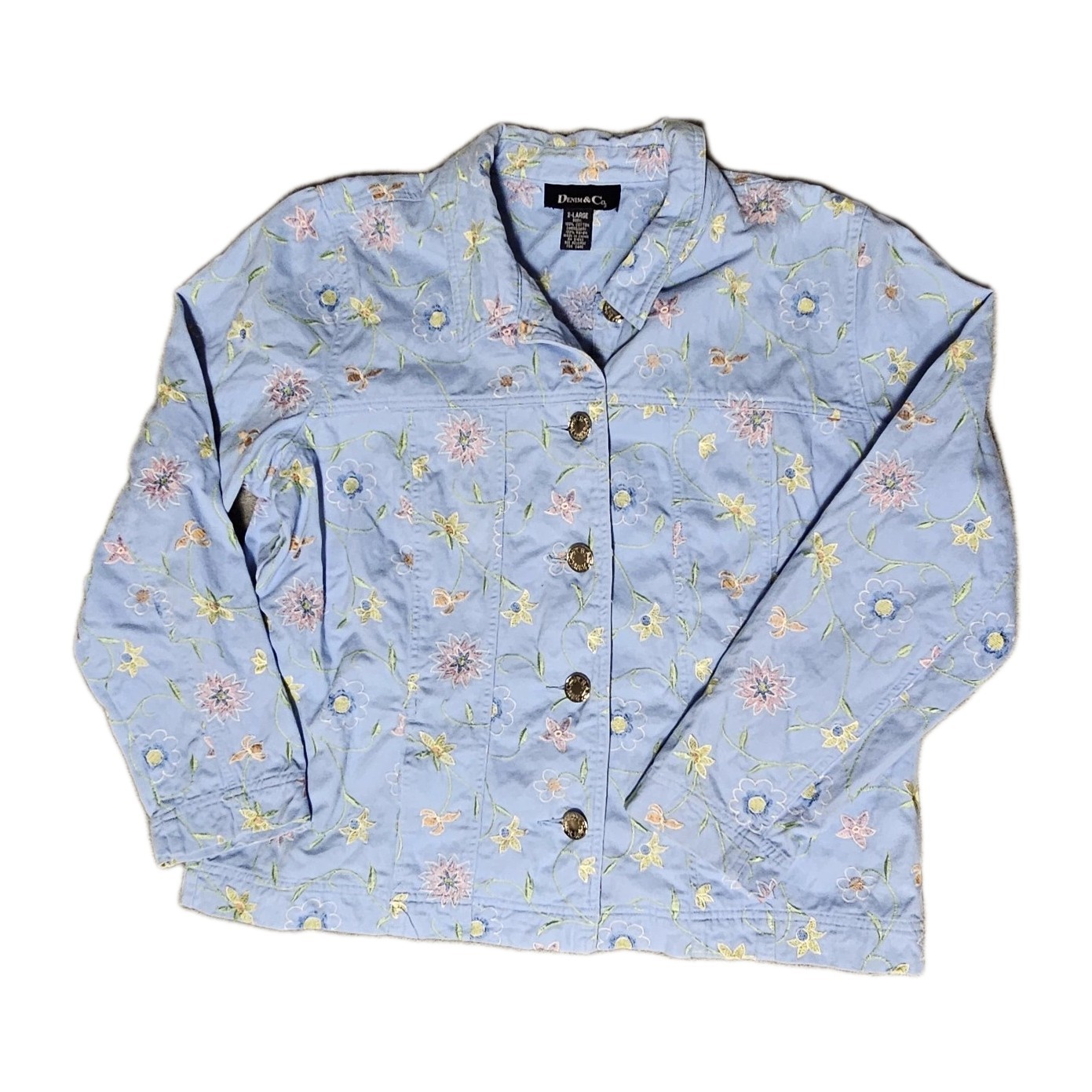 Vintage Embroidered Floral Jean Jacket Womens XL Light Blue Pastel Flowers Y2K