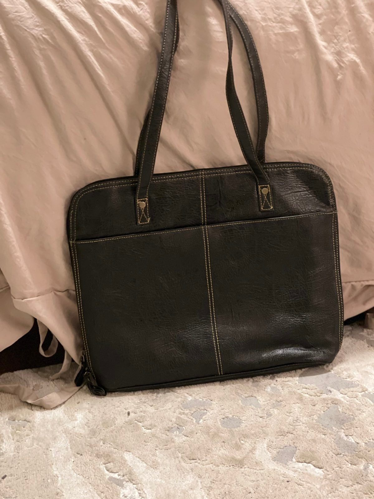 Black faux leather laptop bag