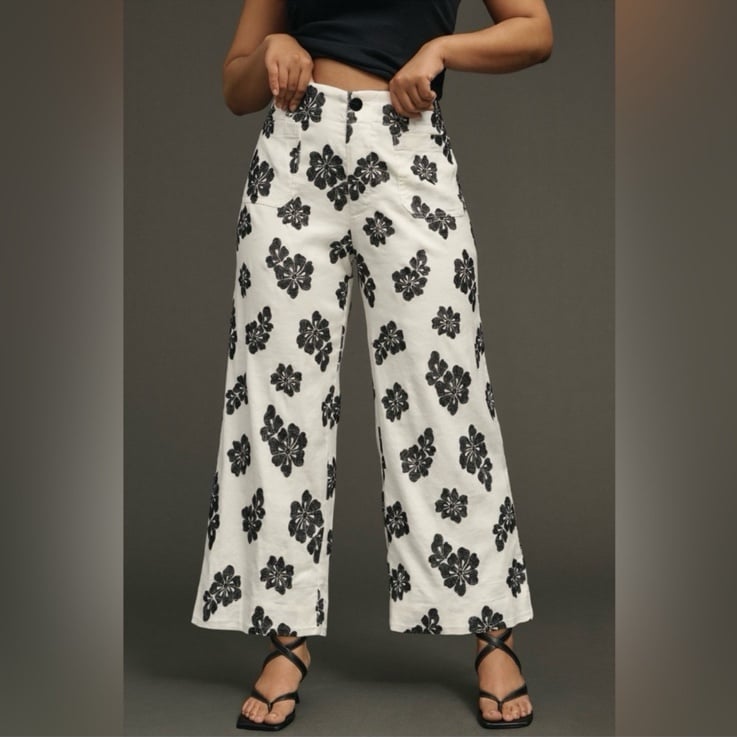 Anthropologie Maeve The Colette Wide-Leg Floral Embroidered Pants
