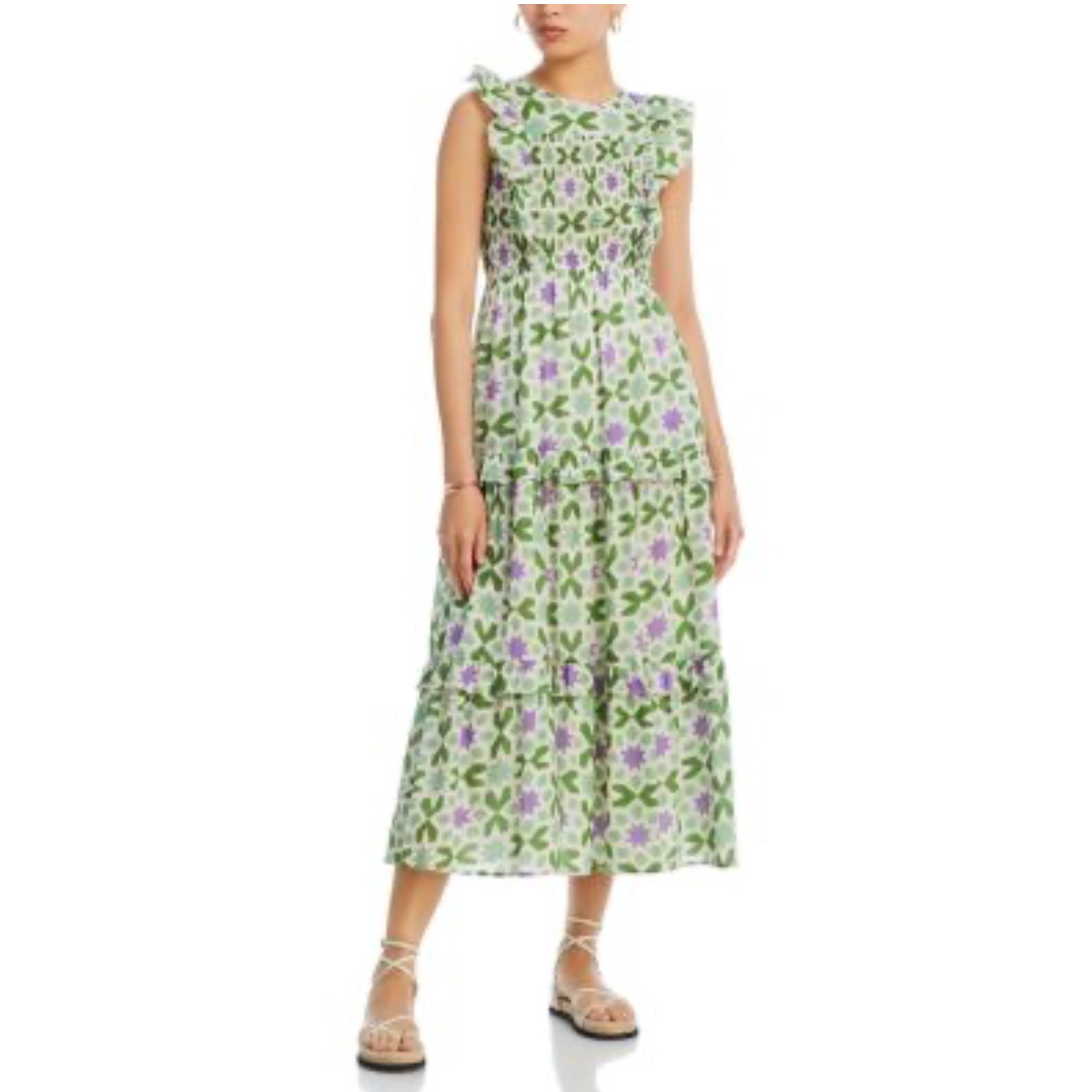 Banjanan Iris Smocked Ruffle Midi Dress XL Green Purple Abstract Flutter Sleeve