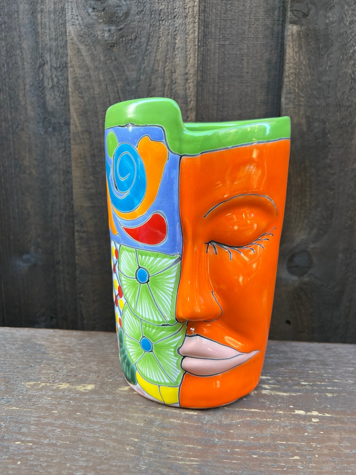 Mexican Talavera Half Face Planter, Pottery.