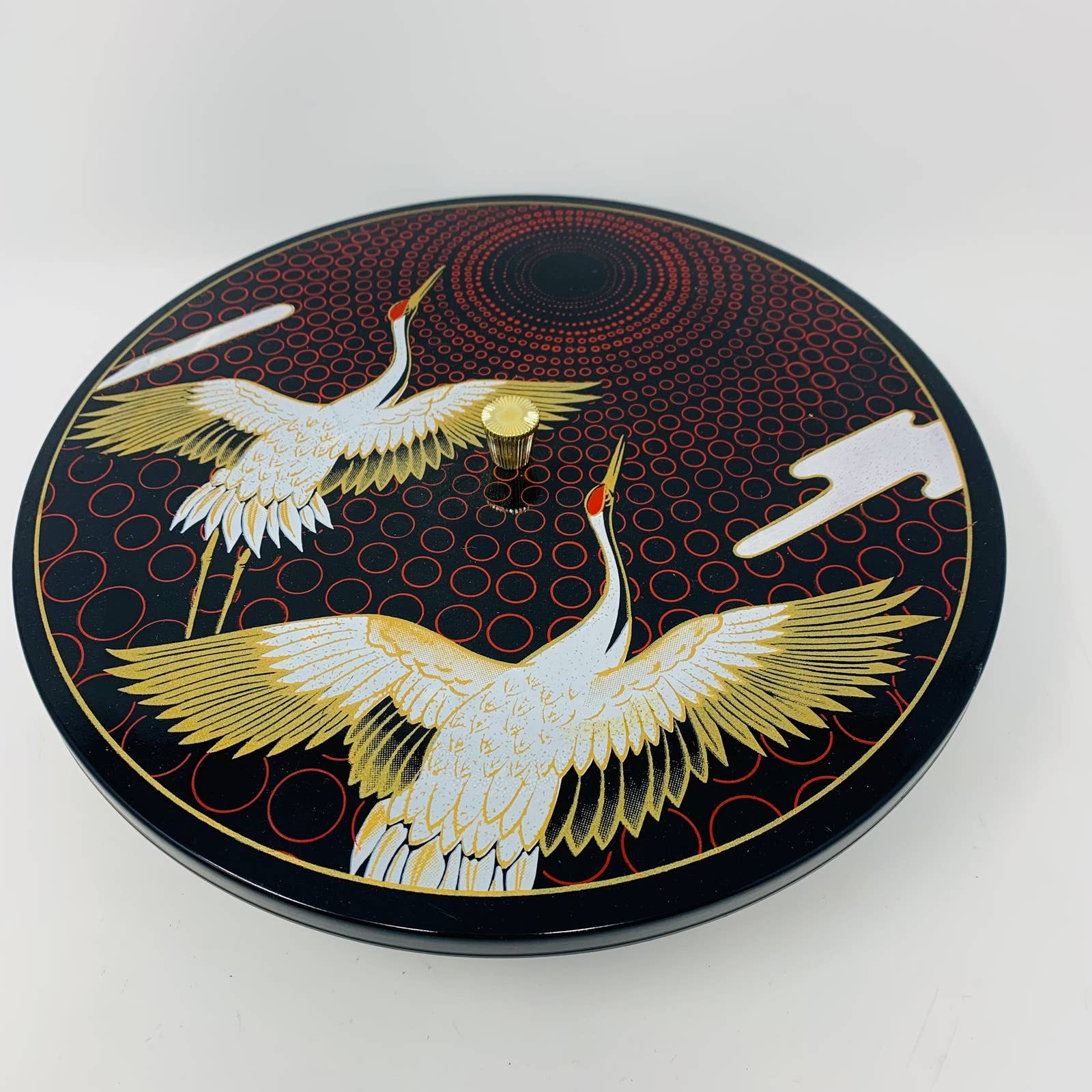 Japanese Traditional Tea Caddy W/Compartments Resin Black Two Flying Egret Birds