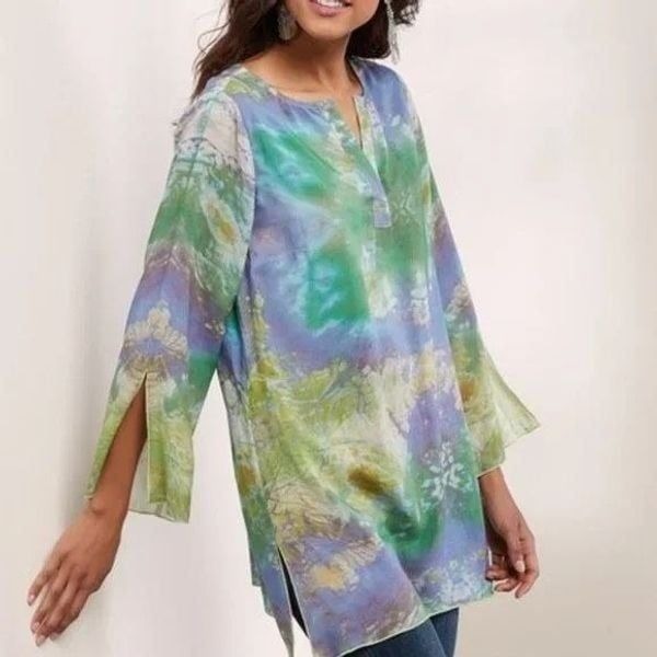 Soft Surroundings Blouse Womens Large Purple Green Kechmara Tie Dye Tunic Top L