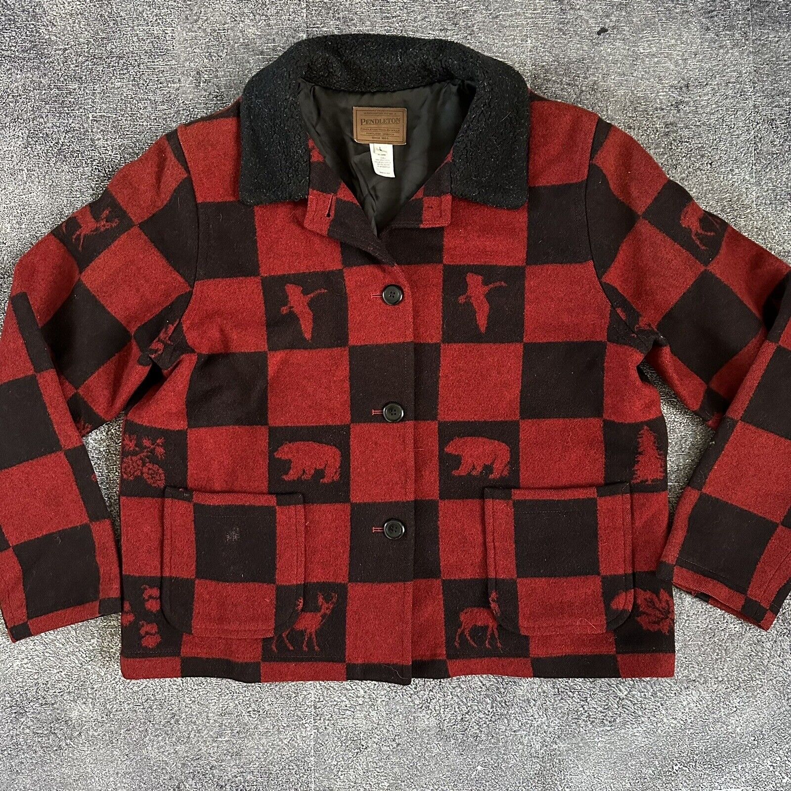 Women's Vintage 90's Pendleton Buffalo Plaid Animal Wool Red Bomber Jacket Sz L
