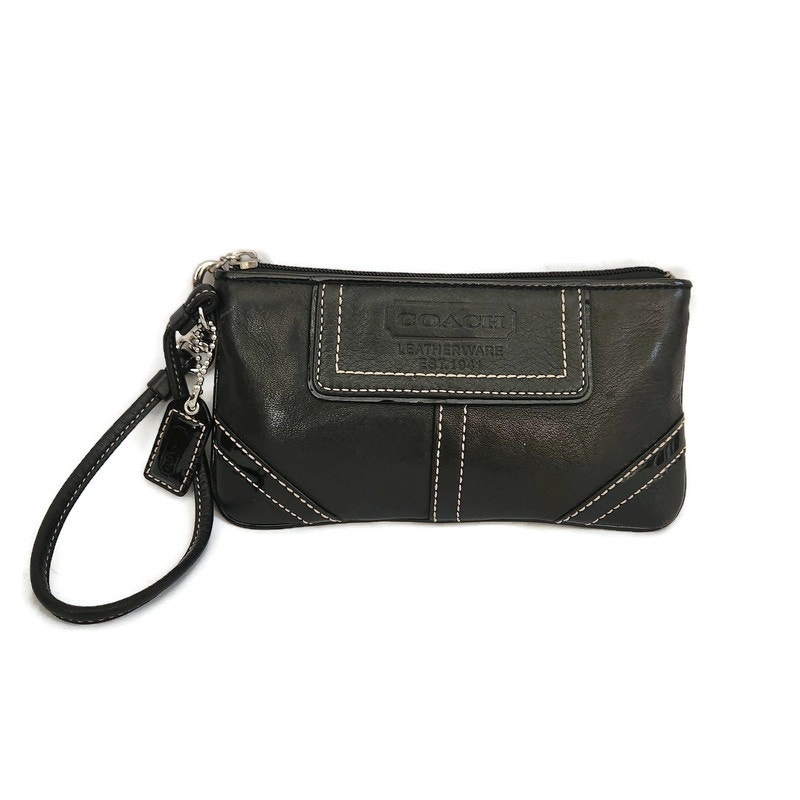 Coach Women's Vintage Black Leather Wristlet with Patent Accents