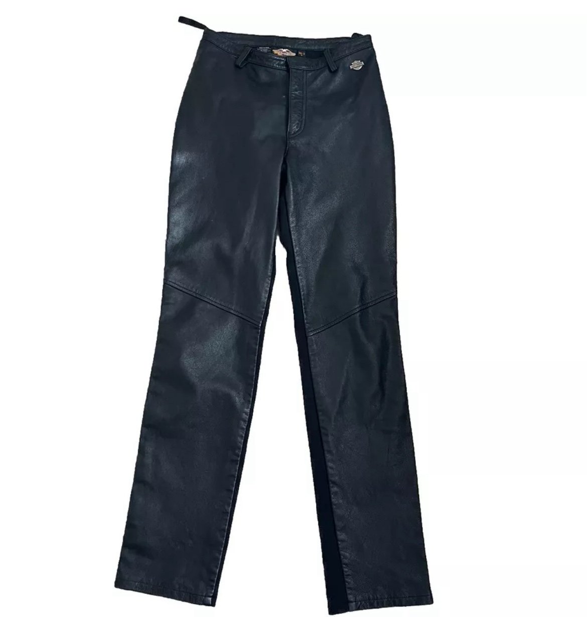 HARLEY DAVIDSON Logo LEATHER & Spandex BIKER Riding PANTS Sz 30 / 2 30.5” Inseam