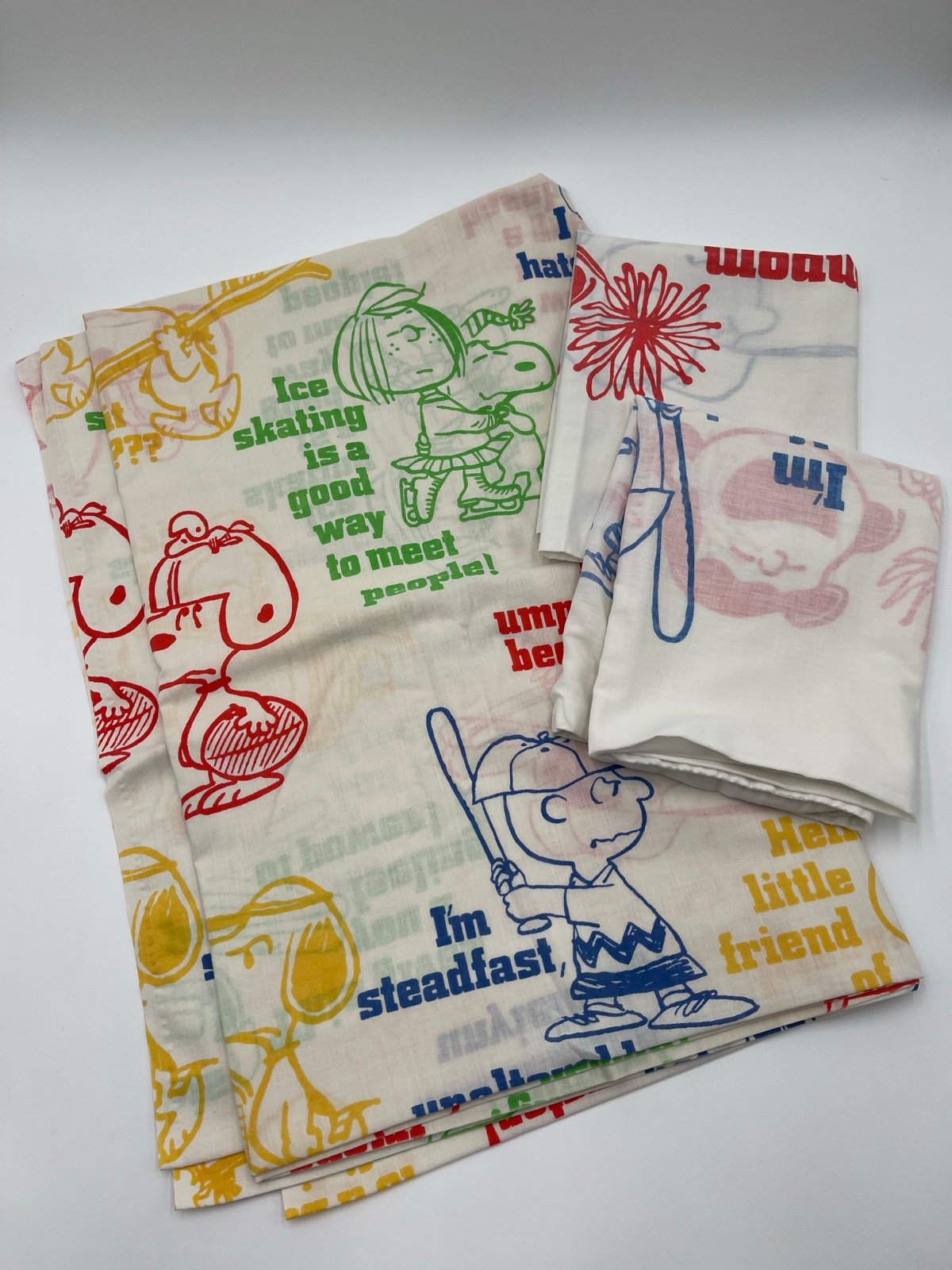 Vintage 60s Peanut Flat Sheet Pillowcase Charlie Brown Snoopy Sports Bedding USA