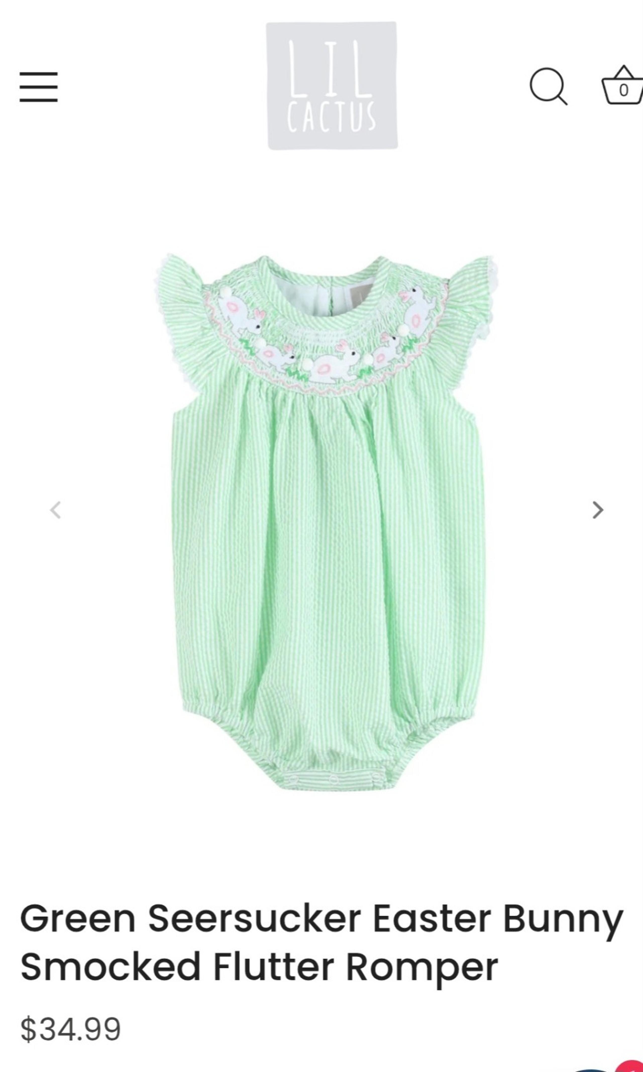Lil Cactus Green Easter Bunny Smocked Romper