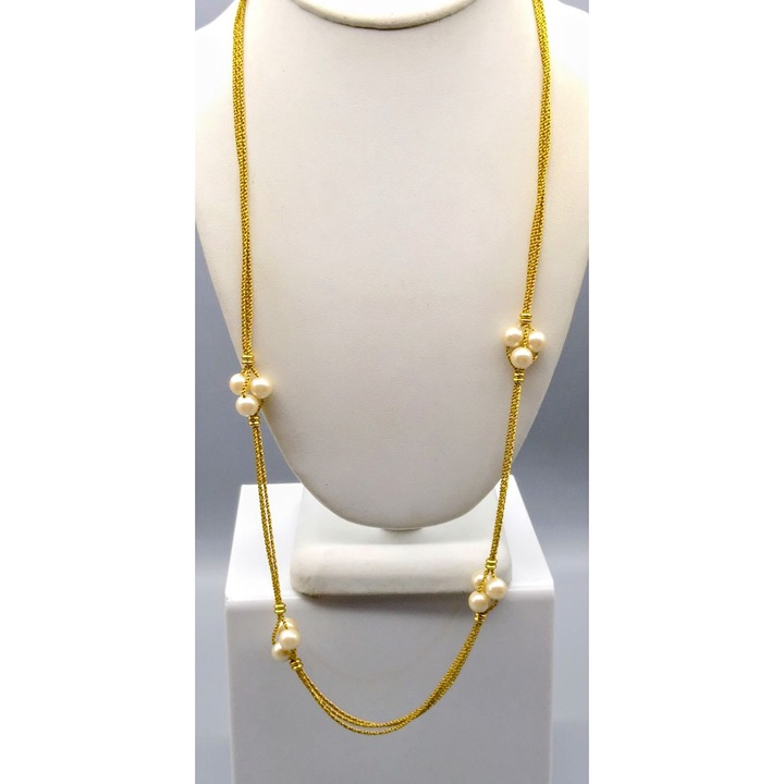 Vintage Triple Strand Chain Necklace with Lustrous Pearl Stations, Gold Tone