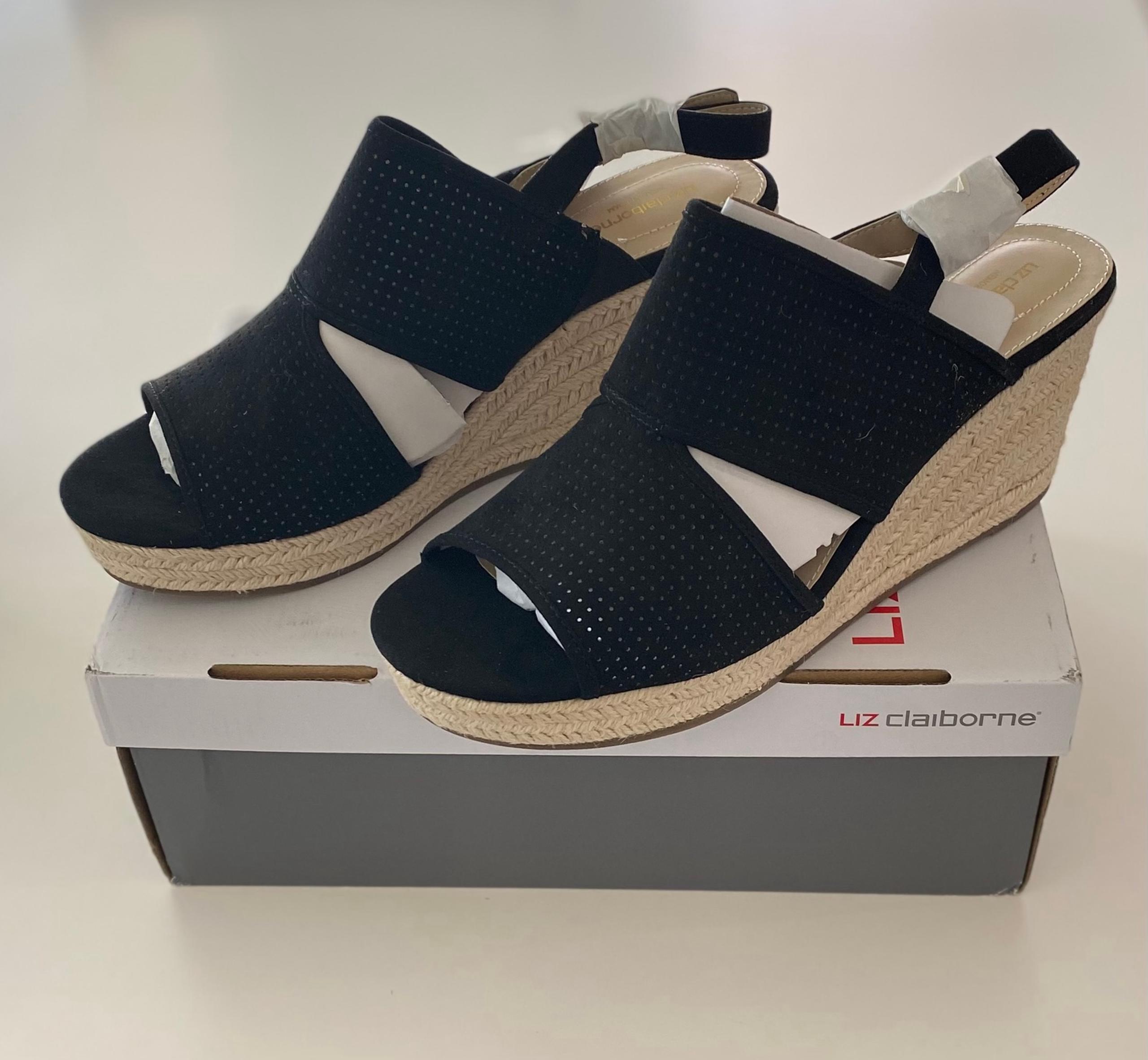Liz Claiborne Black Hatcher Open-Toe Slingback Strap Wedges Shoes Sandals 11 M