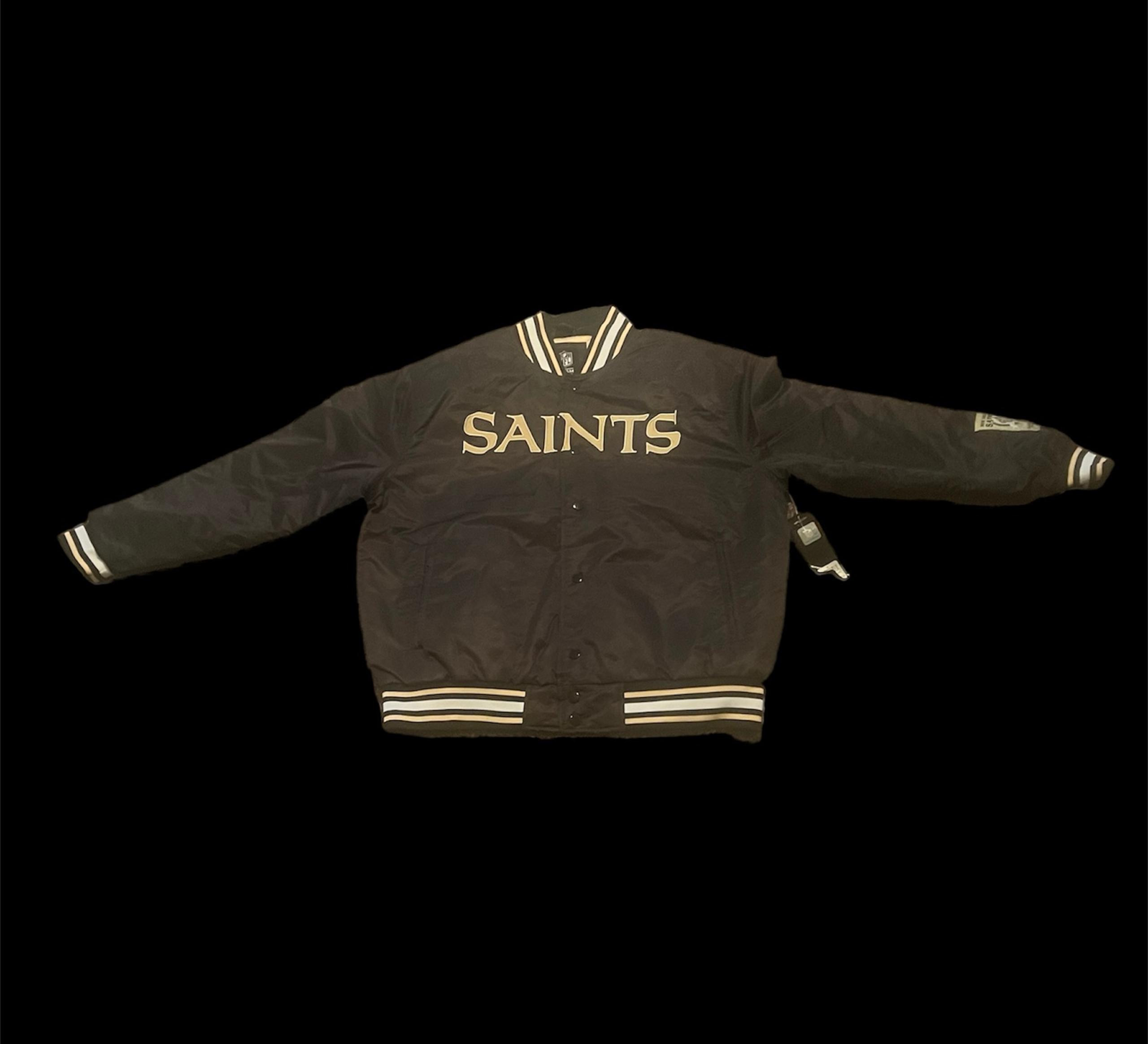Vintage 80s NFL New Orleans Saints Black Satin Varsity Snap Jacket Men Size L
