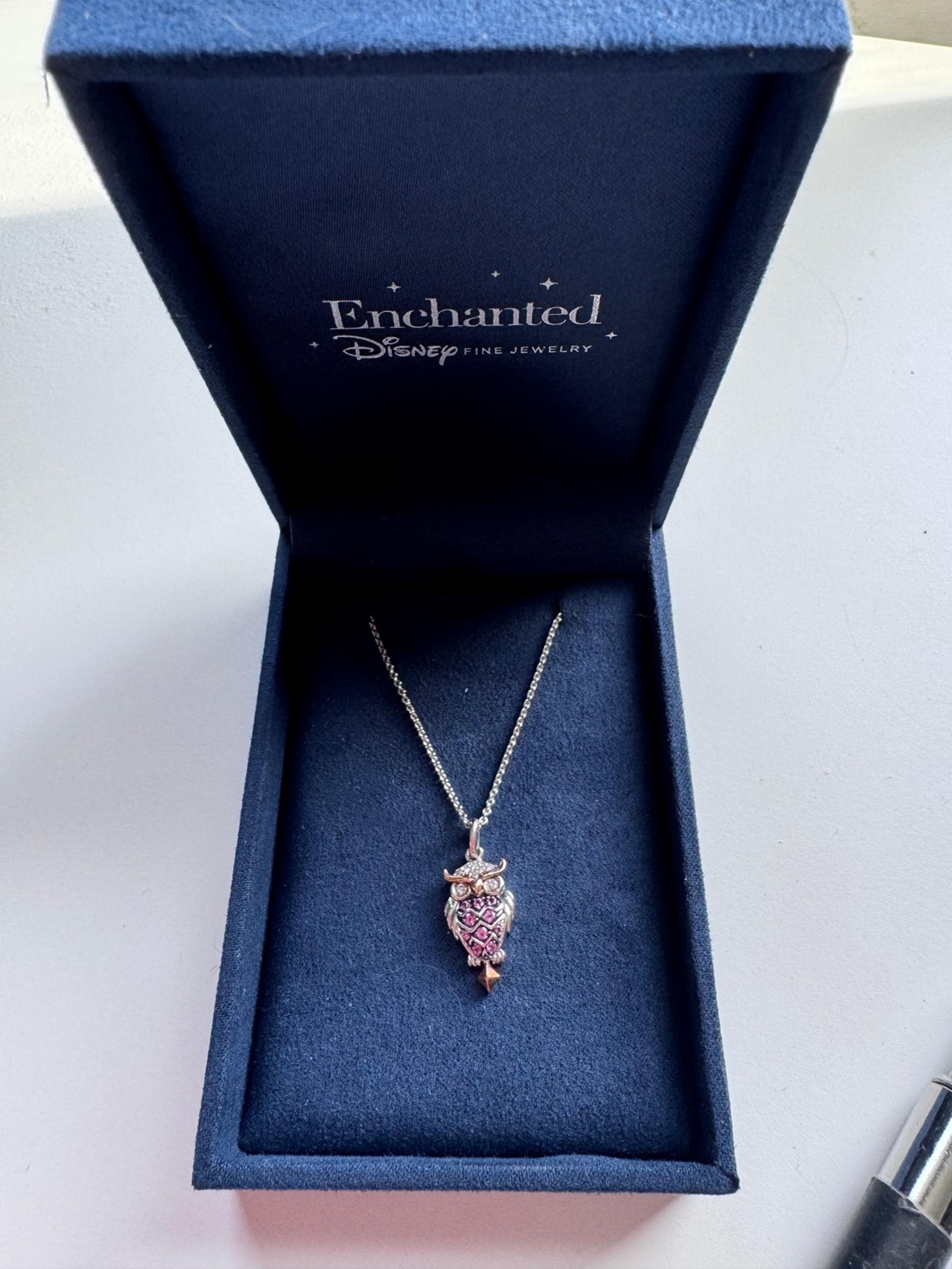 Enchanted Disney Aurora Pink Tourmaline and 1/15 CT. T.W. Diamond Owl Pendant
