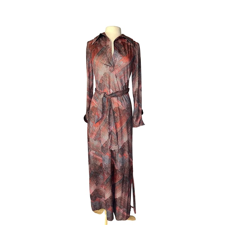 Vintage California Girl Long Sleeve Maxi Dress With Belt & Abstract Print