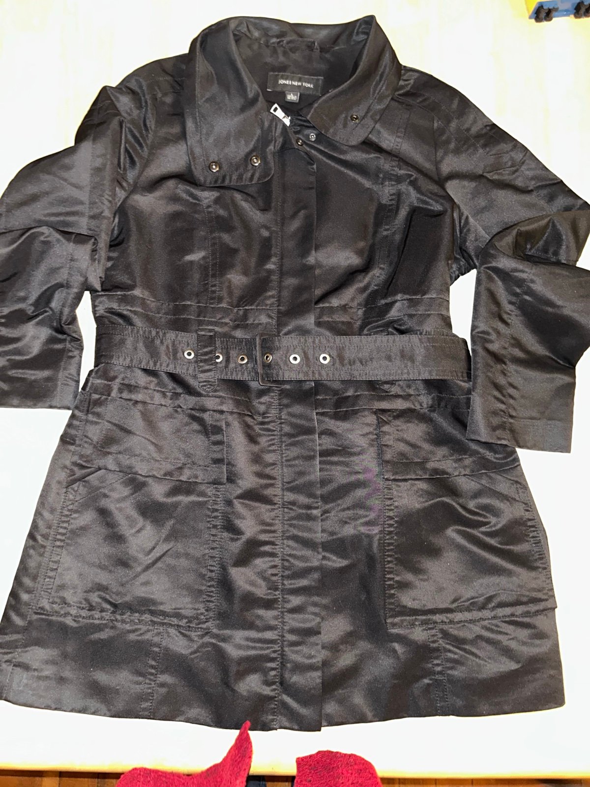 Jones New York woman’s large black jacket coat, trench coat? With belt