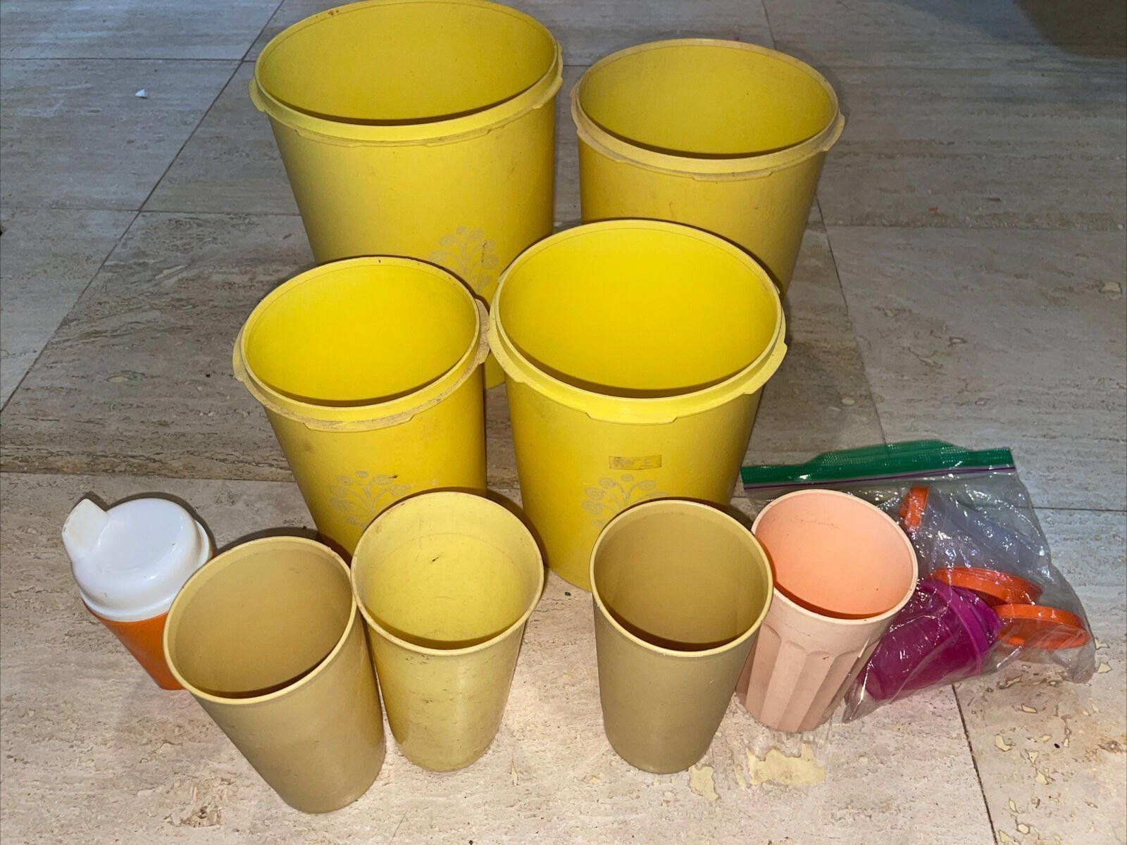 Vintage Yellow TUPPERWARE 4 Canisters (no Lid) 3 Cups, 1 Sippy Cup 5 Sauce Jars