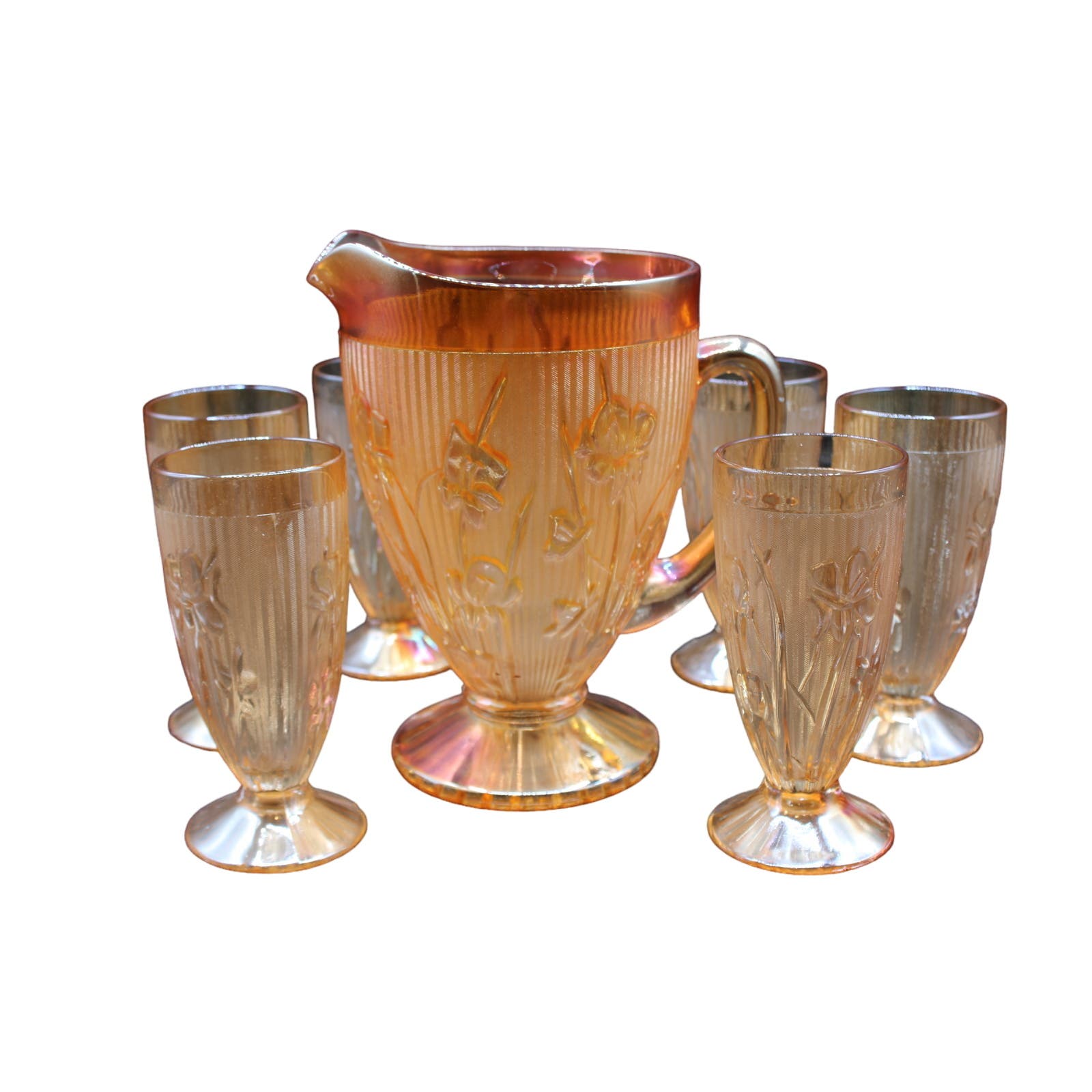 Vintage Jeannette Iris & Herringbone Ice Tea Set - Peach/Amber Marigold