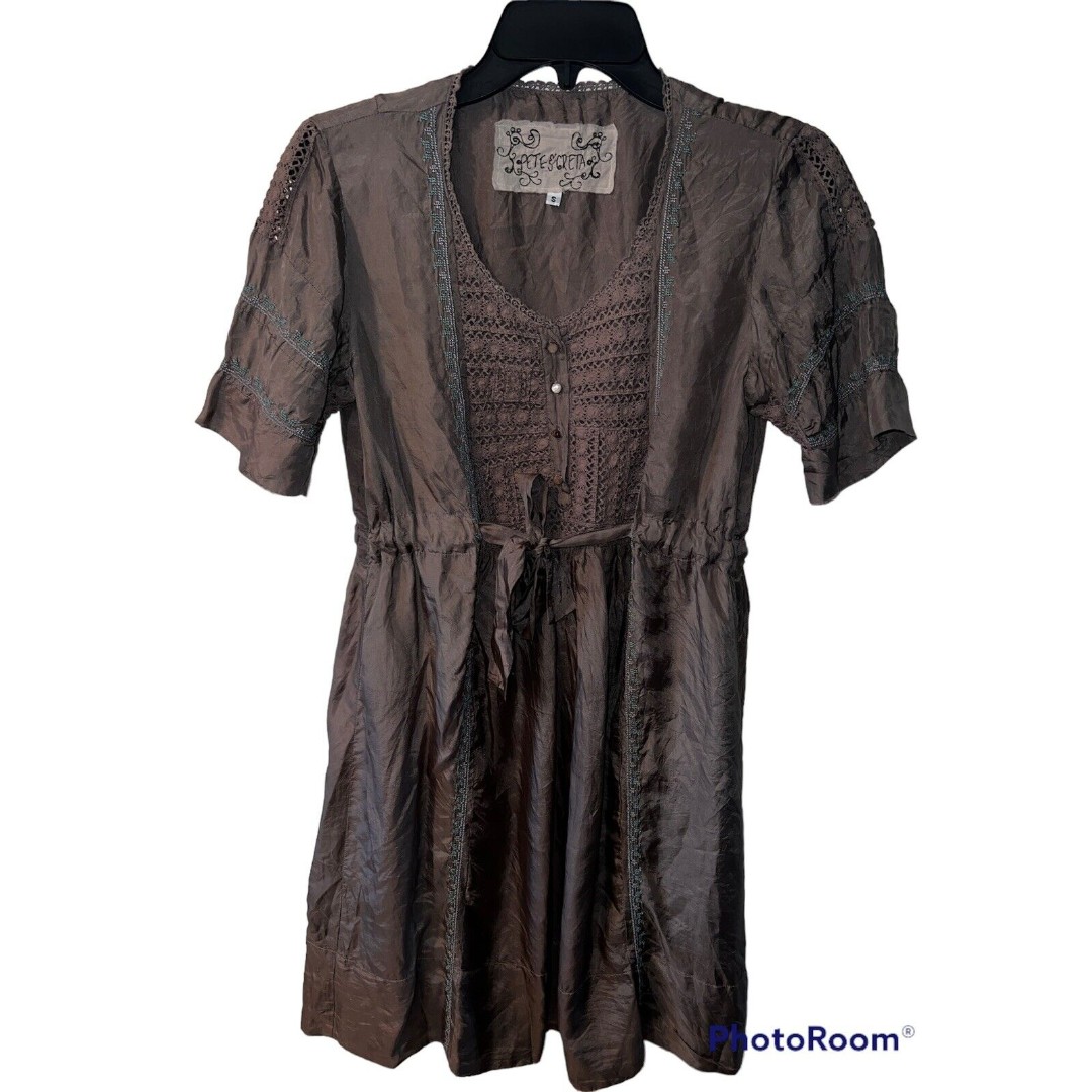 JOHNNY WAS Pete & Greta Dress Sz Small Silk Embroidered Belted Grey Boho Floral