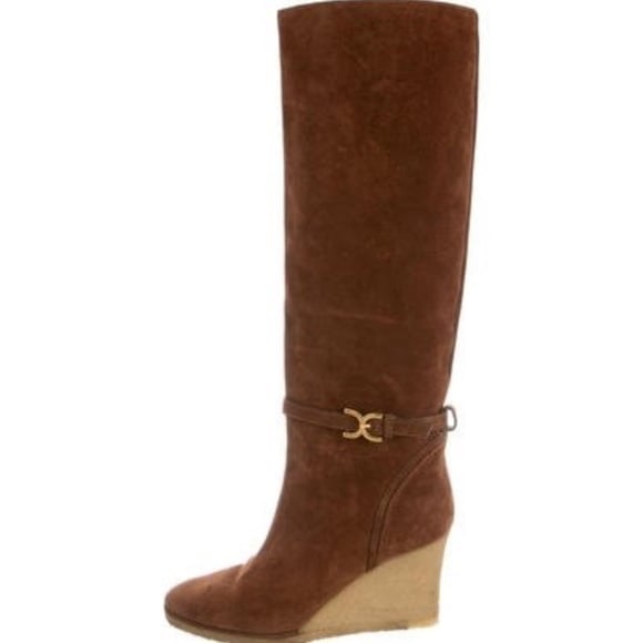 Chloé Suede Wedge Knee High Boots