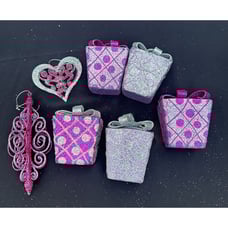 7 Hot Pink Purple Gift Box Present Plastic Glitter Christmas Ornament Lot -CH1
