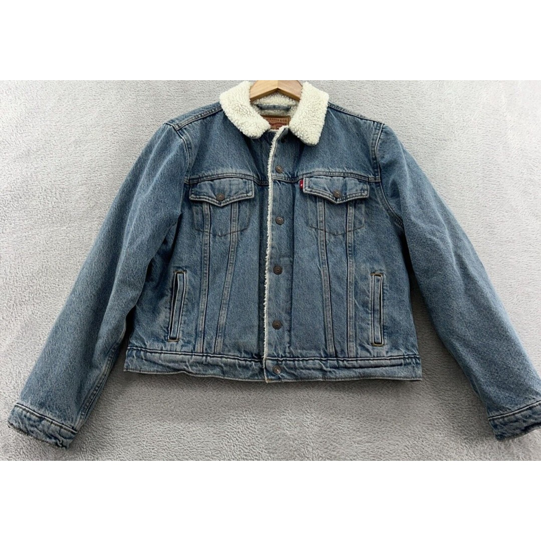 Levis Jean Jacket Womens Large Sherpa Trucker Denim Divided Blue