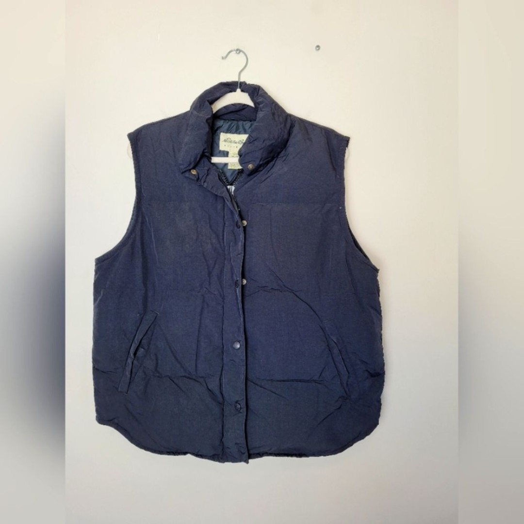 Vintage Eddie Bauer Goose Down Filled Puffer Vest Blue Fill Zip Snap Men Medium