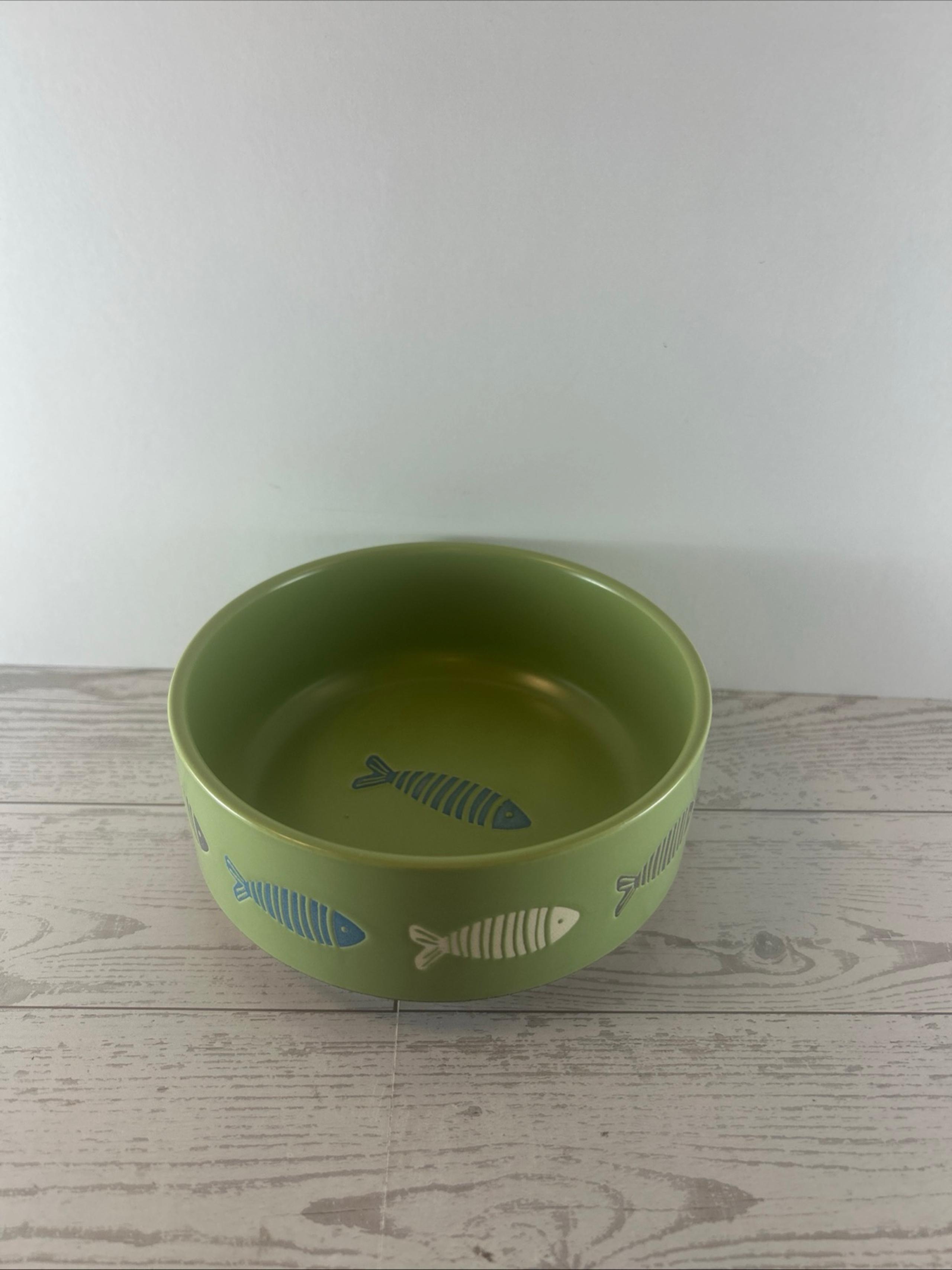 Kitty Cat Bowl Light Green with Fish Theme Ceramic Dish Non-Slip - Whisker City
