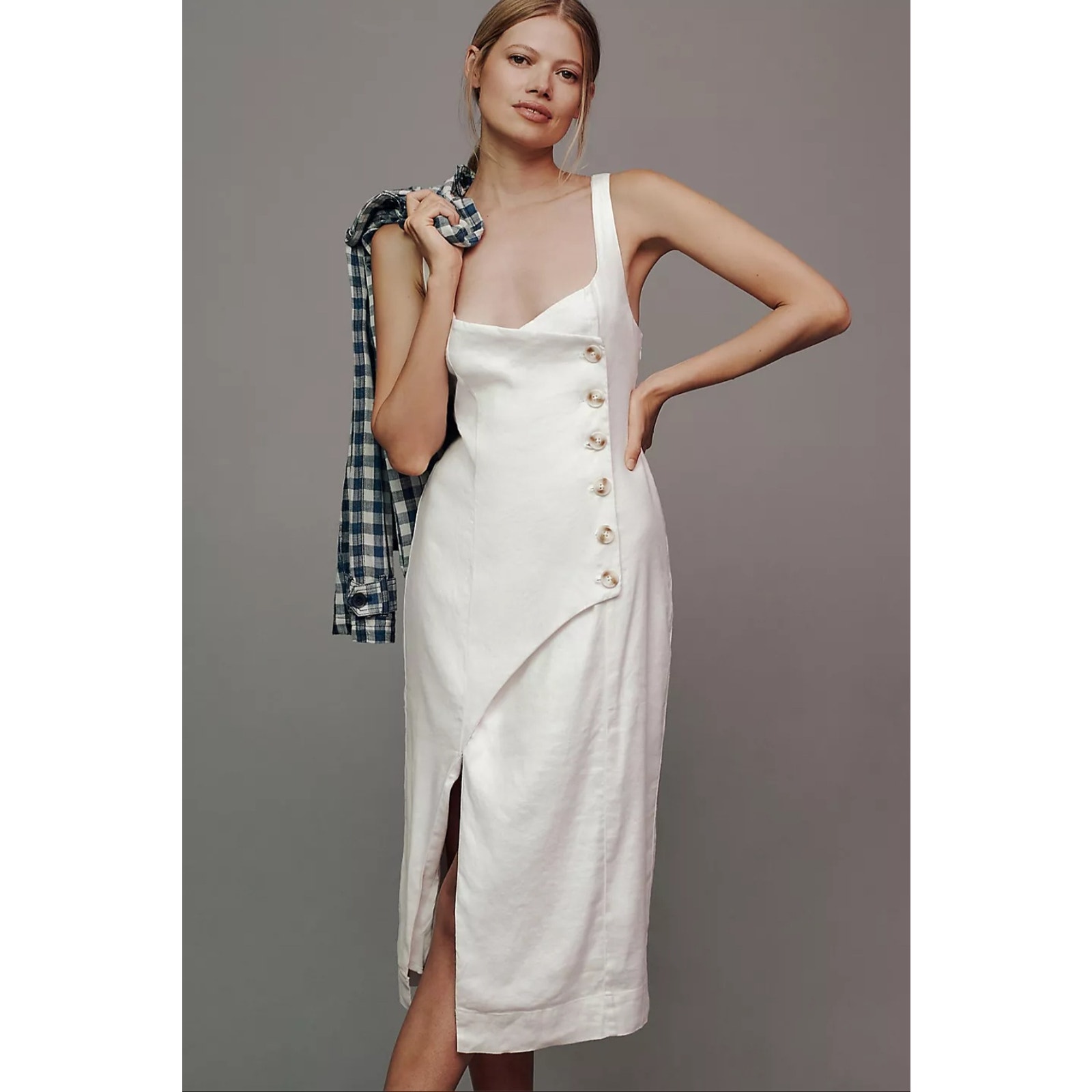 NWT By Anthropologie Sleeveless Square-Neck Linen Button Wrap Midi Dress 178 XL