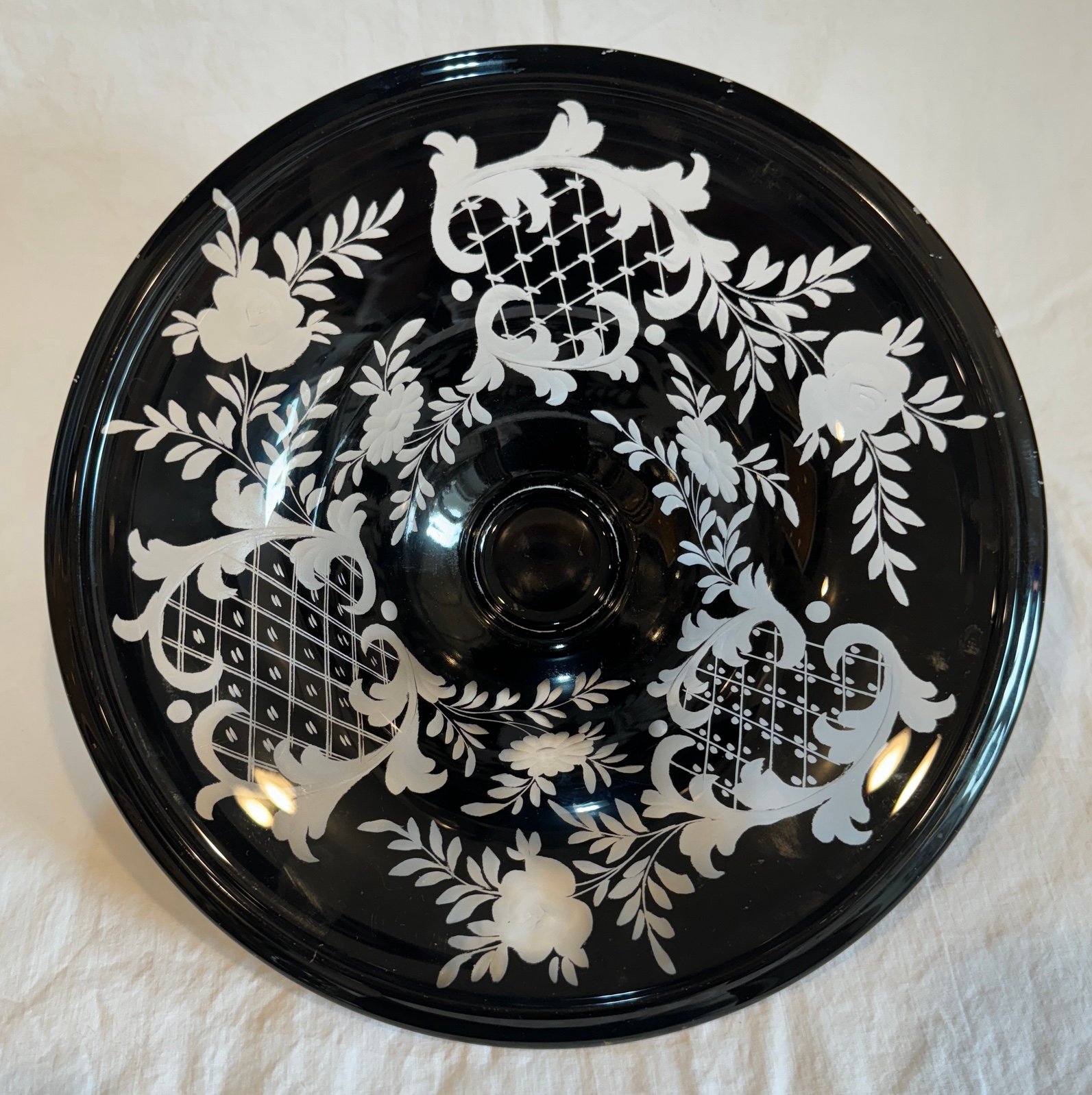 1920’s WESTMORELAND Black Cut To Clear Floral 10.5” Diameter Console Bowl #1820