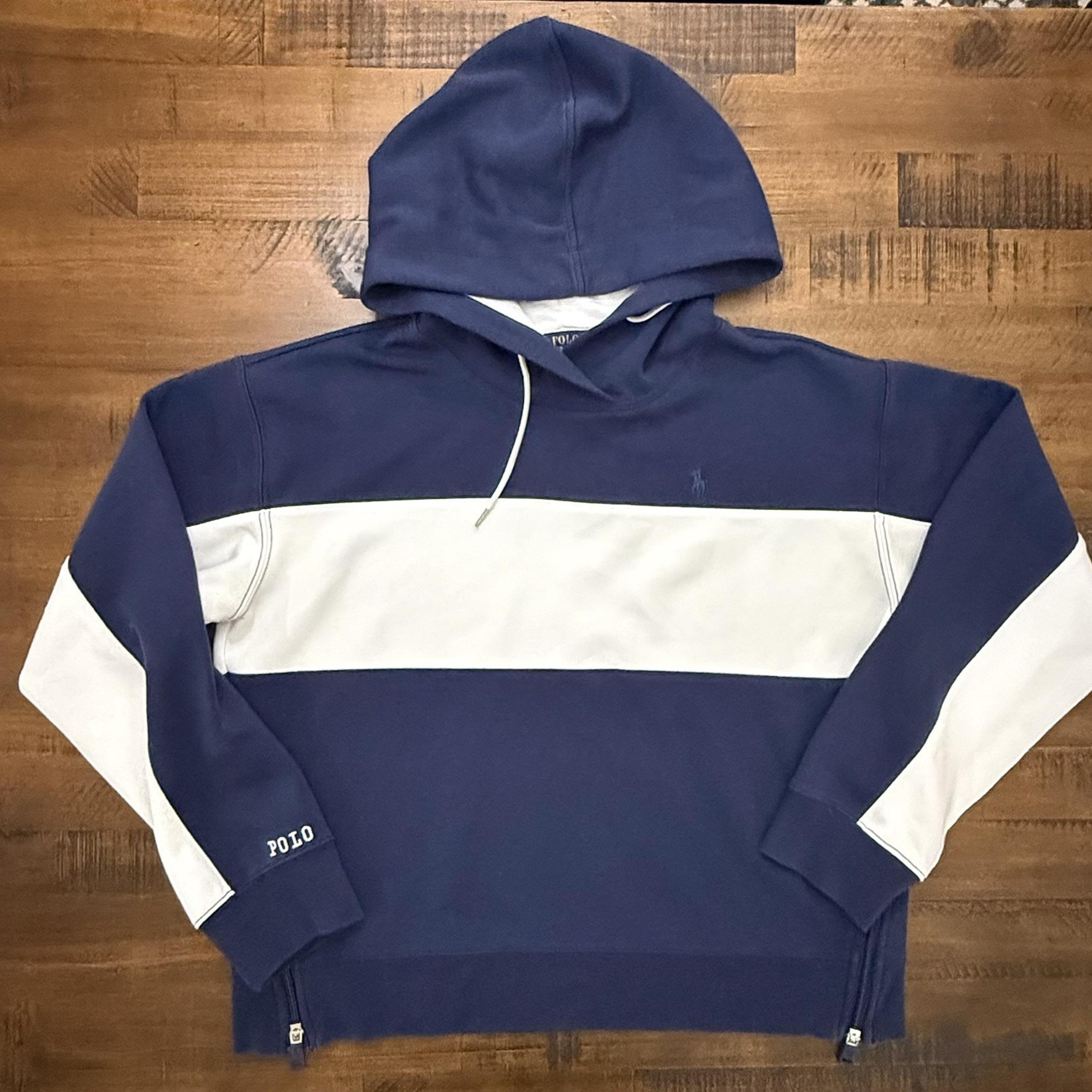 Polo Ralph Lauren Women's Hoodie Pullover Blue White L Oversized 1/4 Side Zip