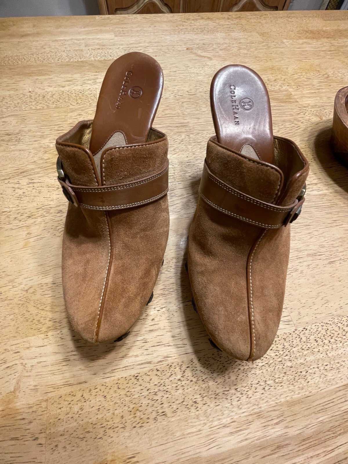 Cole Haan Heels Mules Clogs Slip On Shoes Brown Leather Size 9B WOMAN'S