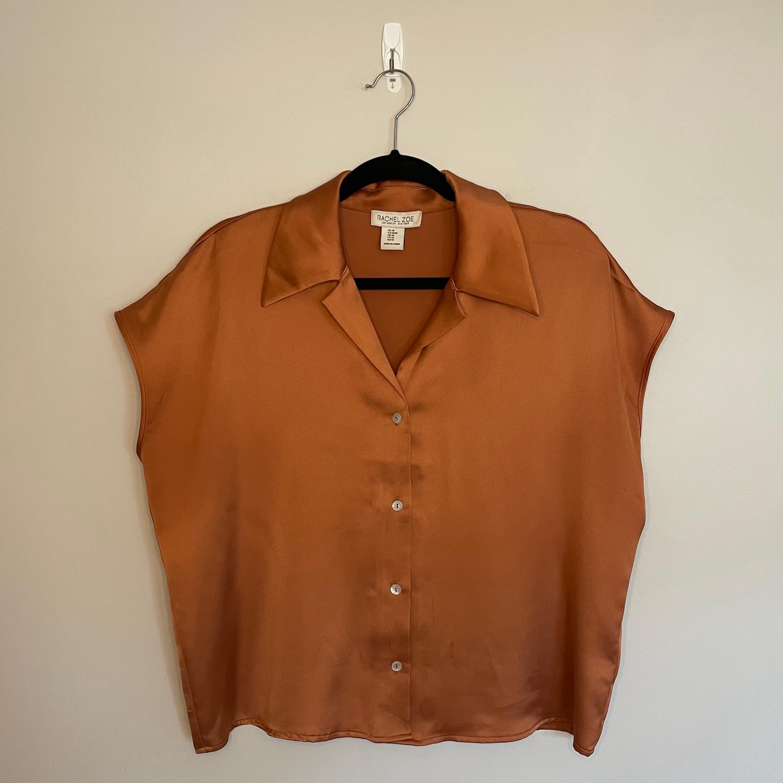 Rachel Zoe Button Down Satin Blouse, Rust Bronze, Size M, EUC