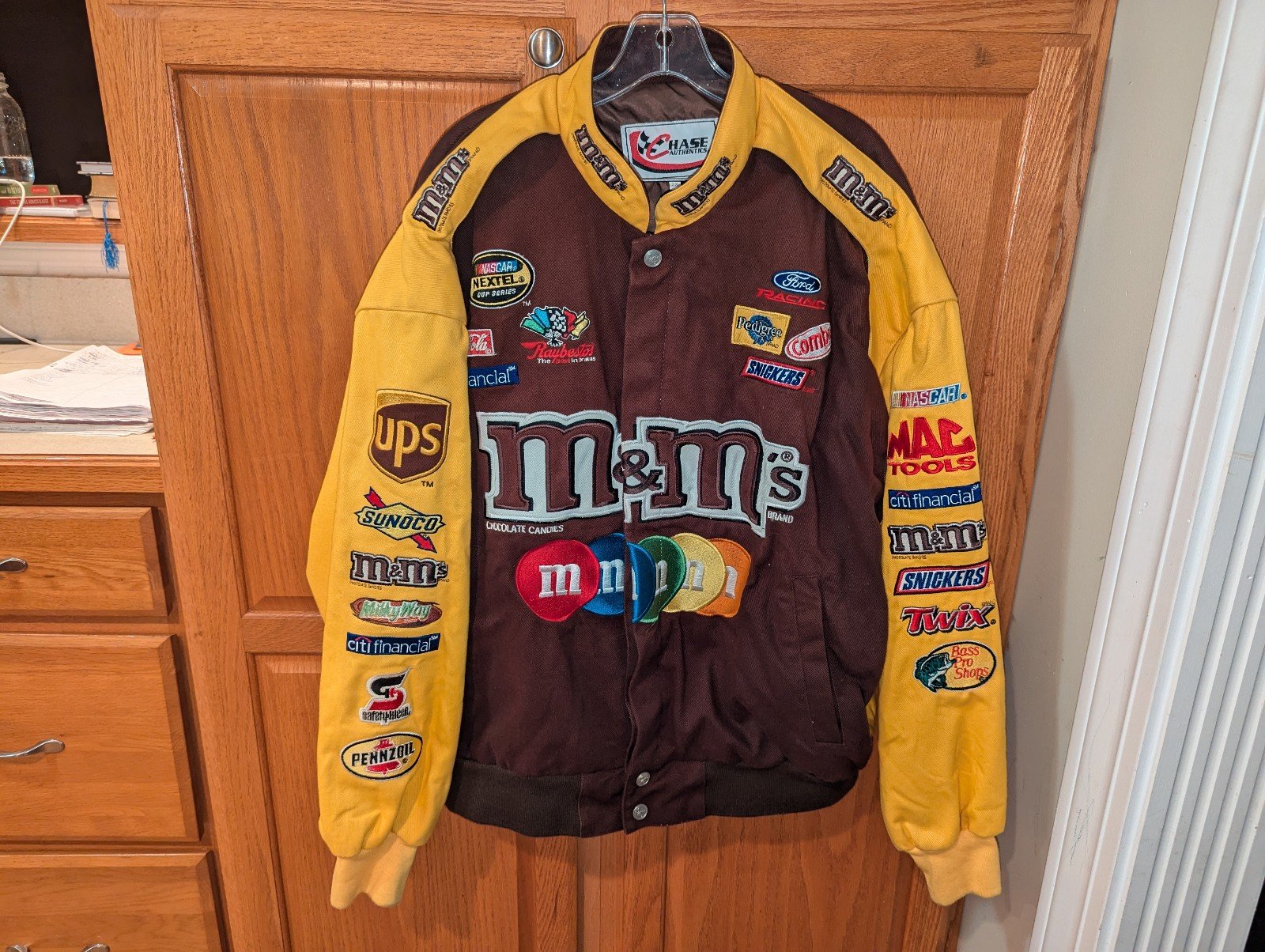 Vintage Chase Authentics M&M Varsity Jacket Men size 2X XXL brown yellow NASCAR