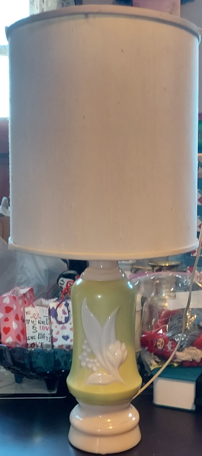 1930s Vtg Aladdin Alacite Chartreuse & Ivory Lamp Lily Valley