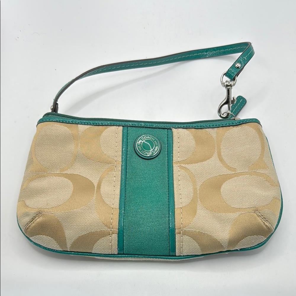 Coach Stripe Clutch Handbag Wallet Wristlet Tan Blue Monogram Logo