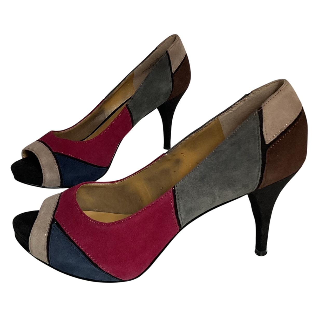 Nine West Retro Y2K Peep Toe Heels Multicolor Suede Patchwork 7.5M