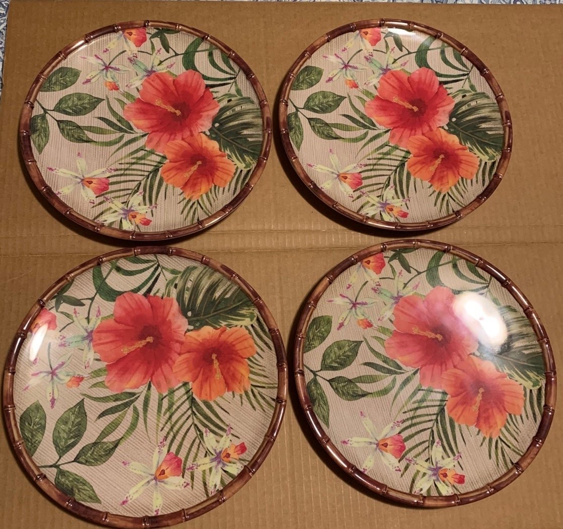 #H39 - Set of 4 Melamine Tropical Hibiscus 11” Dinner Plates w/Bamboo-look Rims