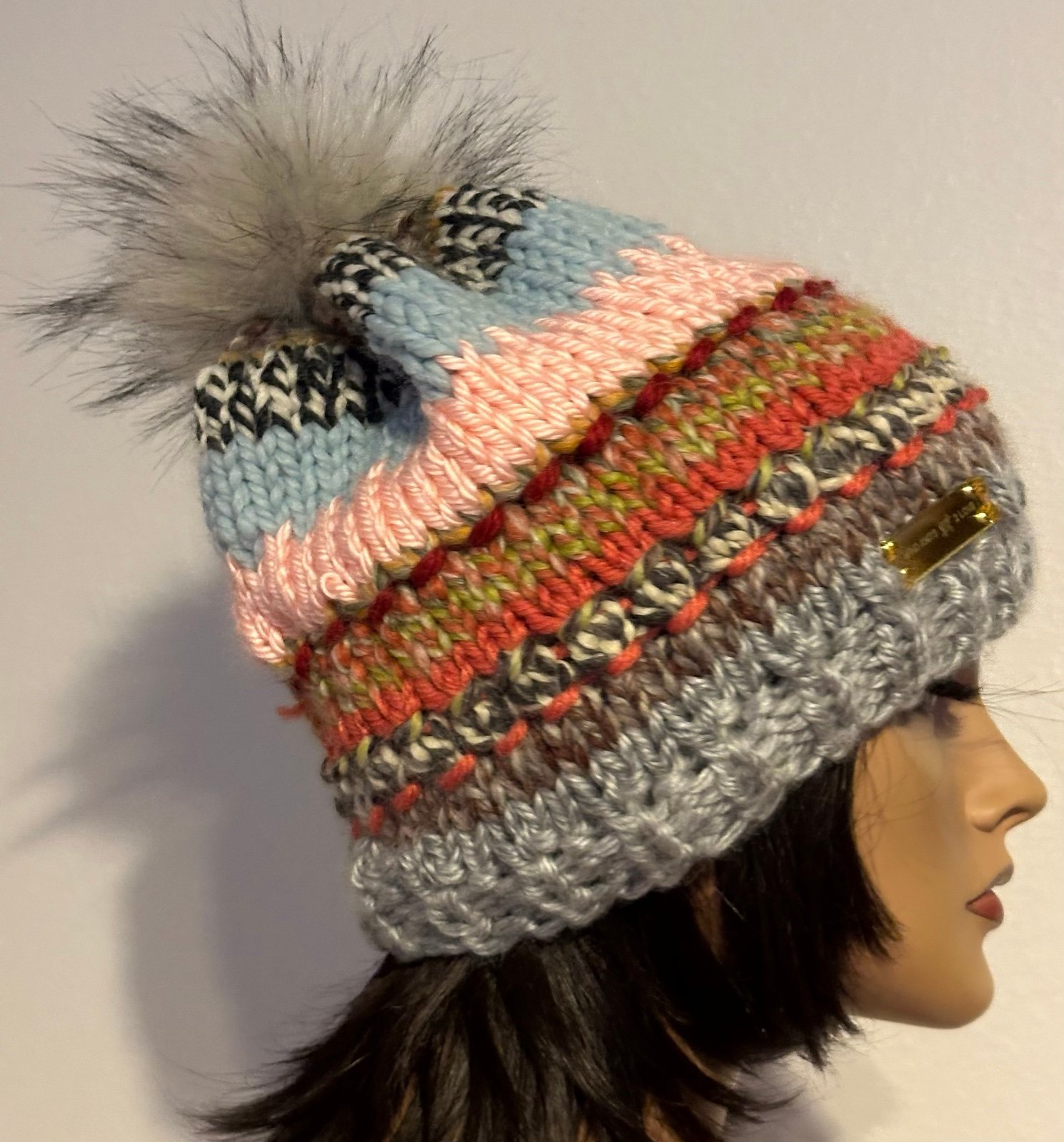Hand Knits 2 Love Beanie Slouch Hat Cap Semi Chunky Faux Fur Pom Pom Designer